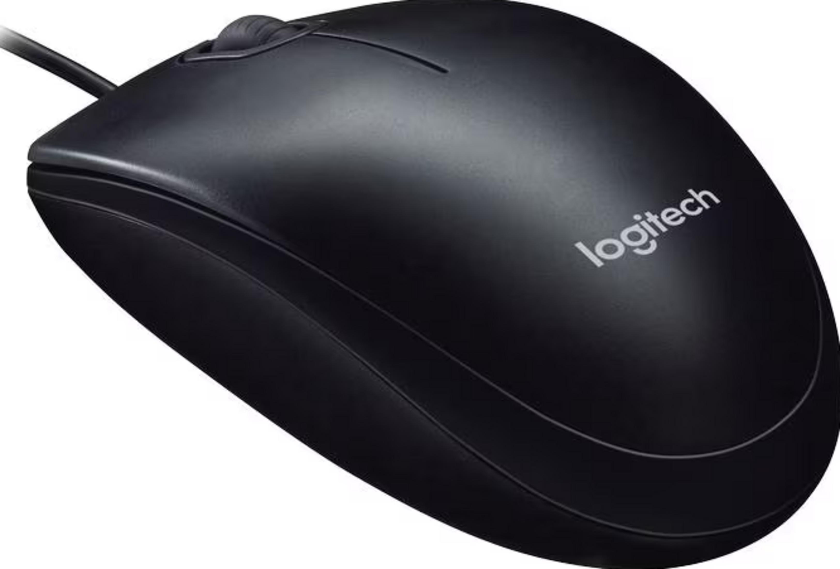 Zwarte Logitech muis met scrollwiel en kabel.