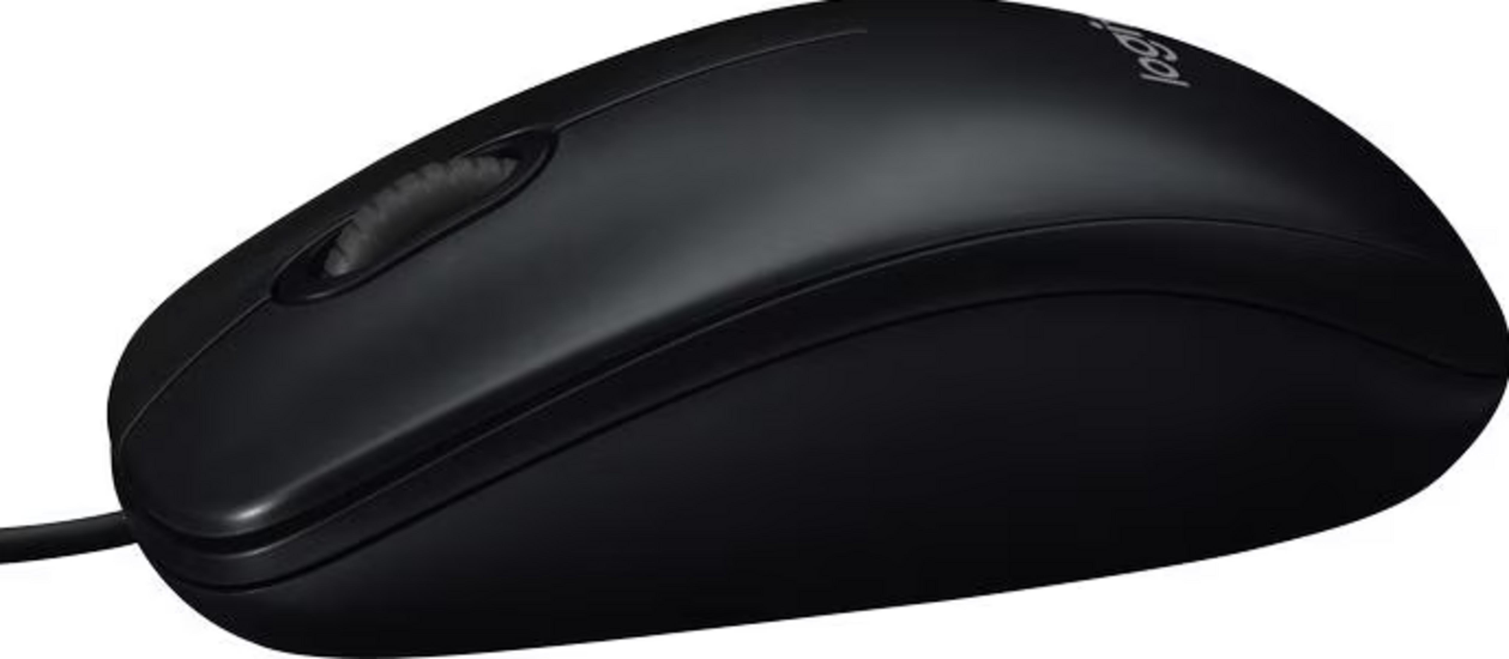 Een zwarte Logitech computermuis met scrollwiel en kabel.