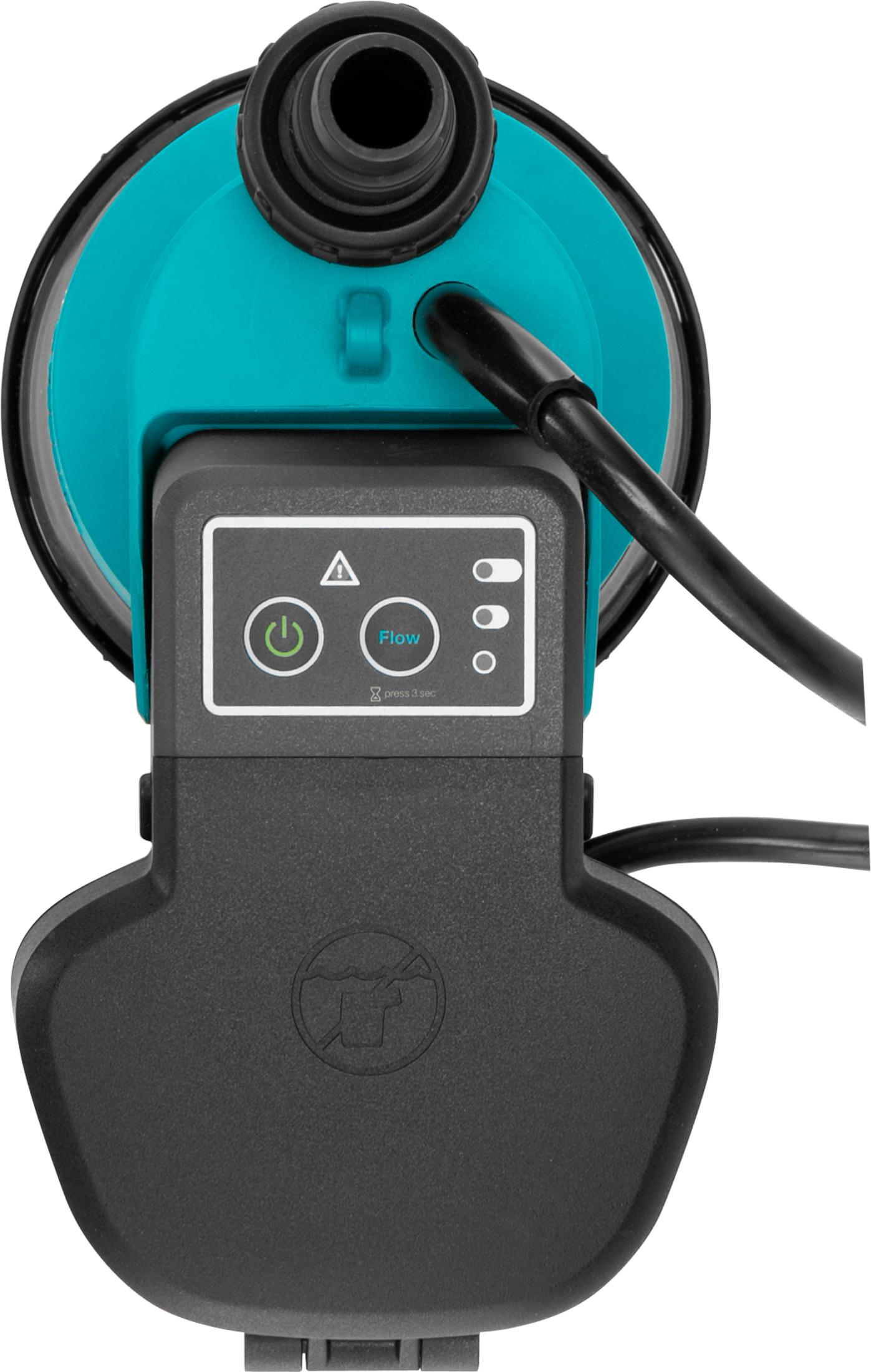 Une unité de contrôle de pompe à eau noire et turquoise avec boutons d'alimentation et de débit.