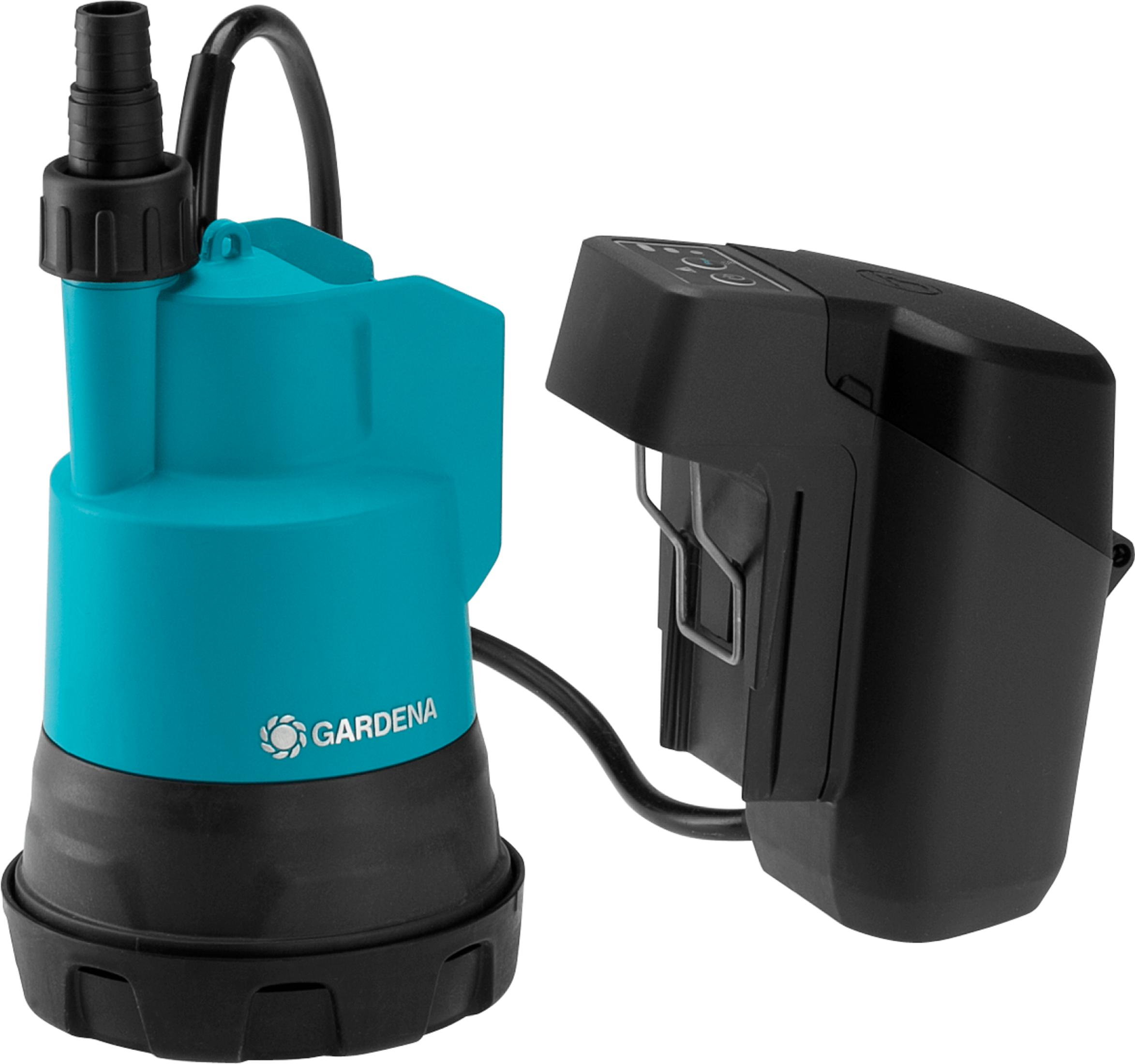 Une pompe submersible bleue et noire avec une unité de commande noire.