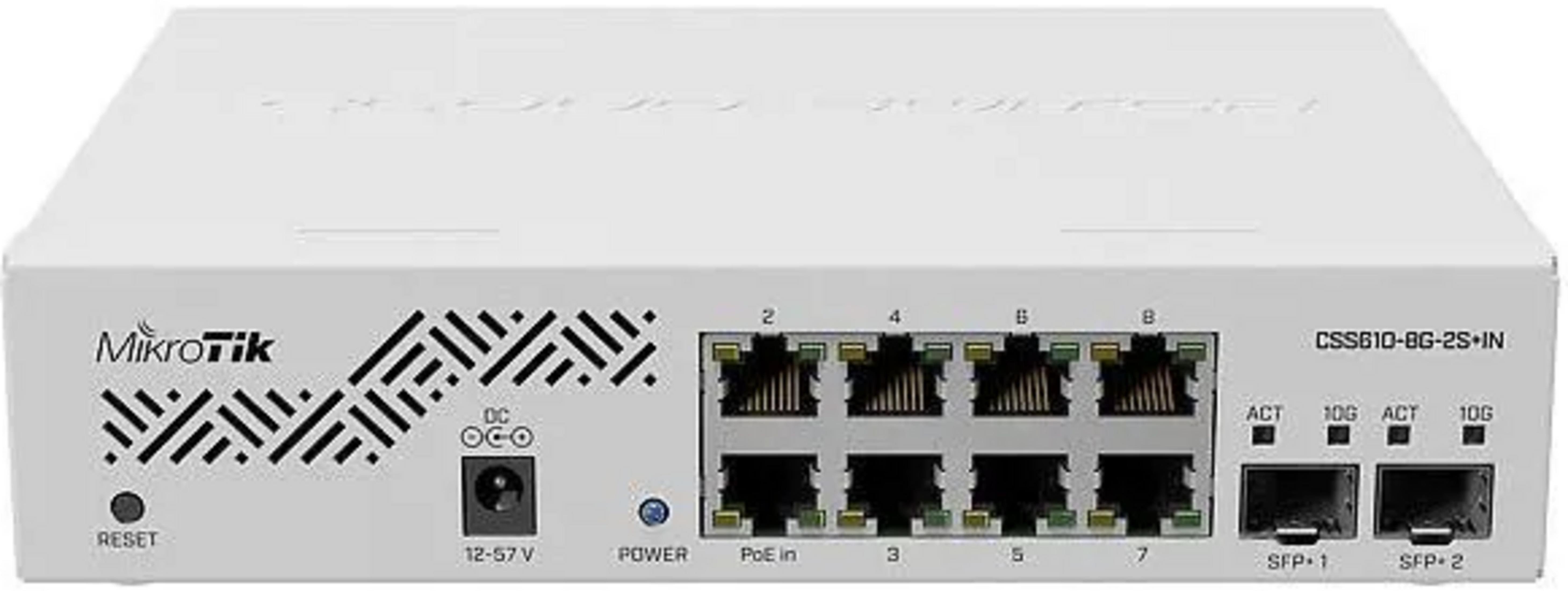 Białe urządzenie sieciowe MikroTik z 8 portami Ethernet, 2 portami SFP+, przyciskiem reset i wejściem DC.