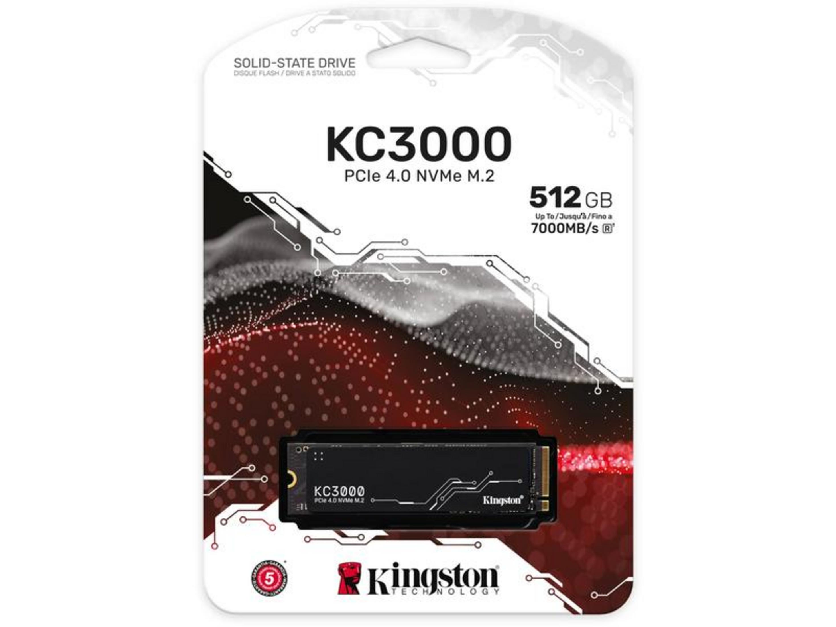 Kingston KC3000 512 GB M.2 SSD w opakowaniu z czerwonym, świetlistym wzorem.