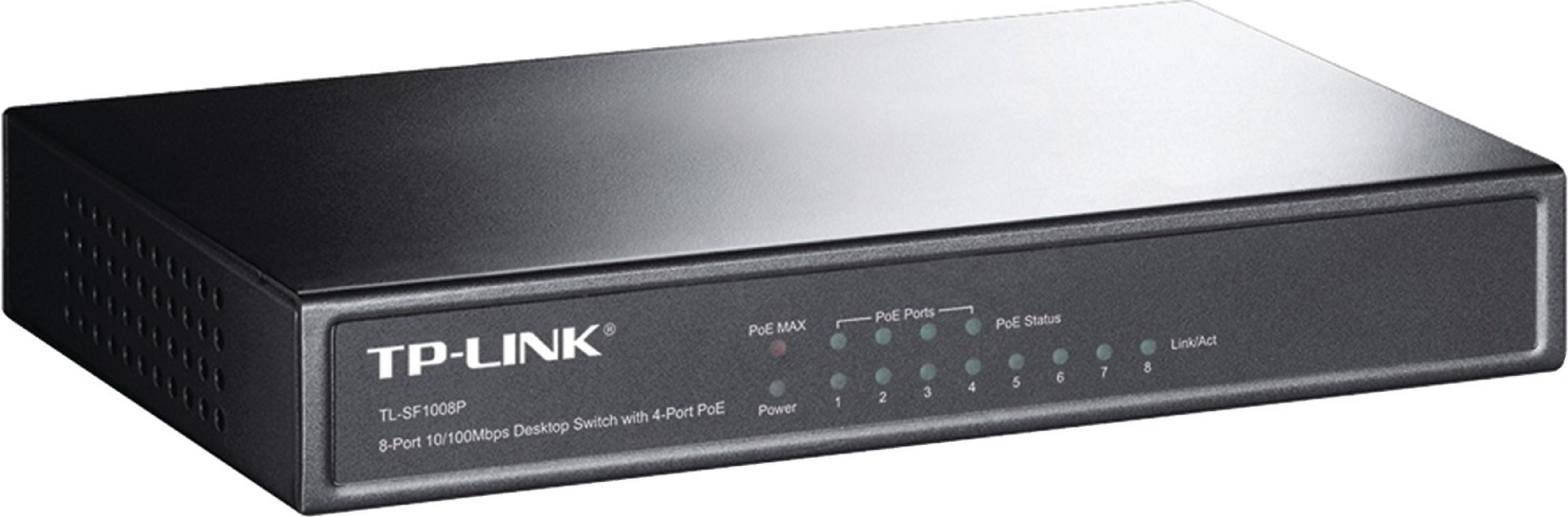 Een zwarte TP-Link desktop switch met 8 poorten, waarvan 4 PoE, met status-LEDs.
