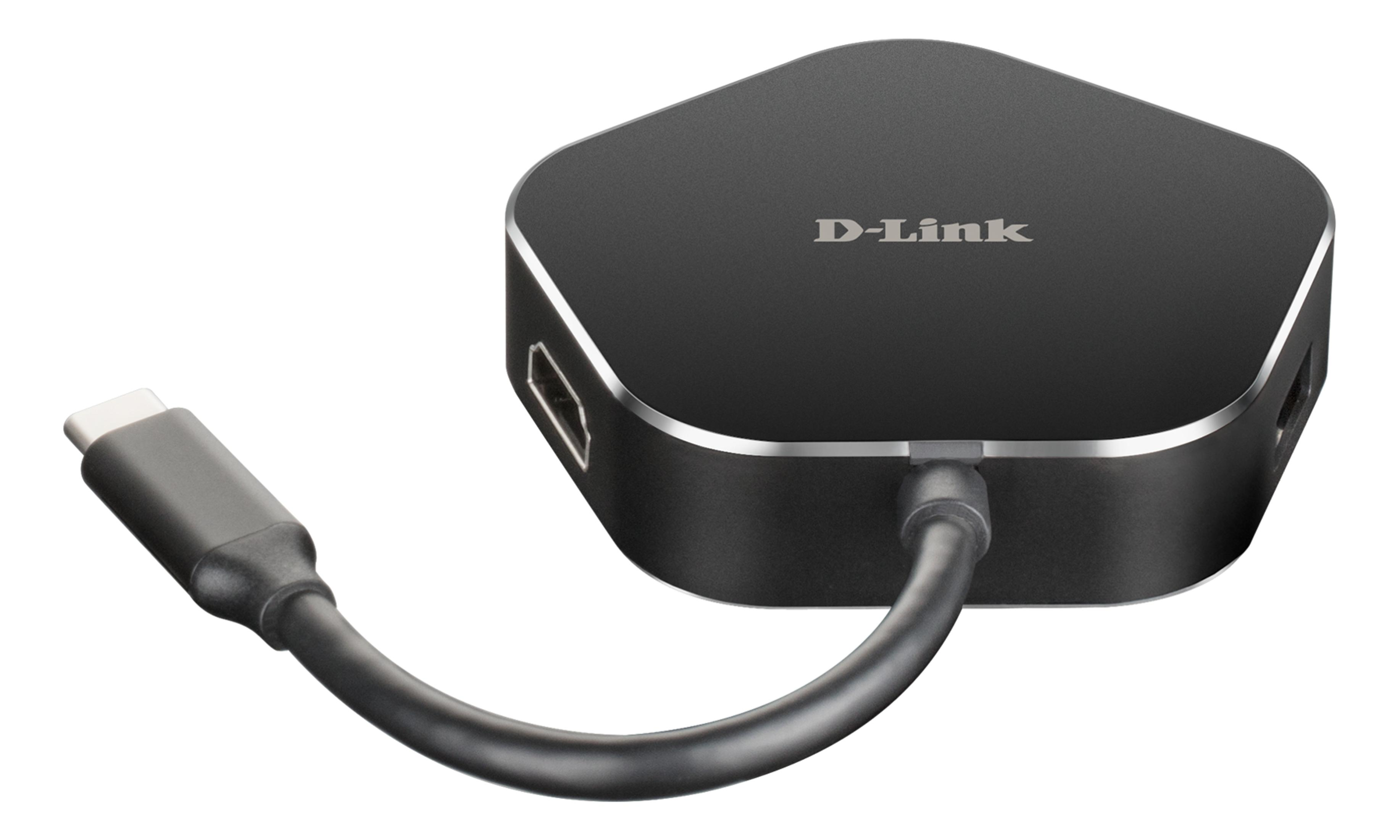 Czarny hub USB-C D-Link z portami HDMI i USB-A.