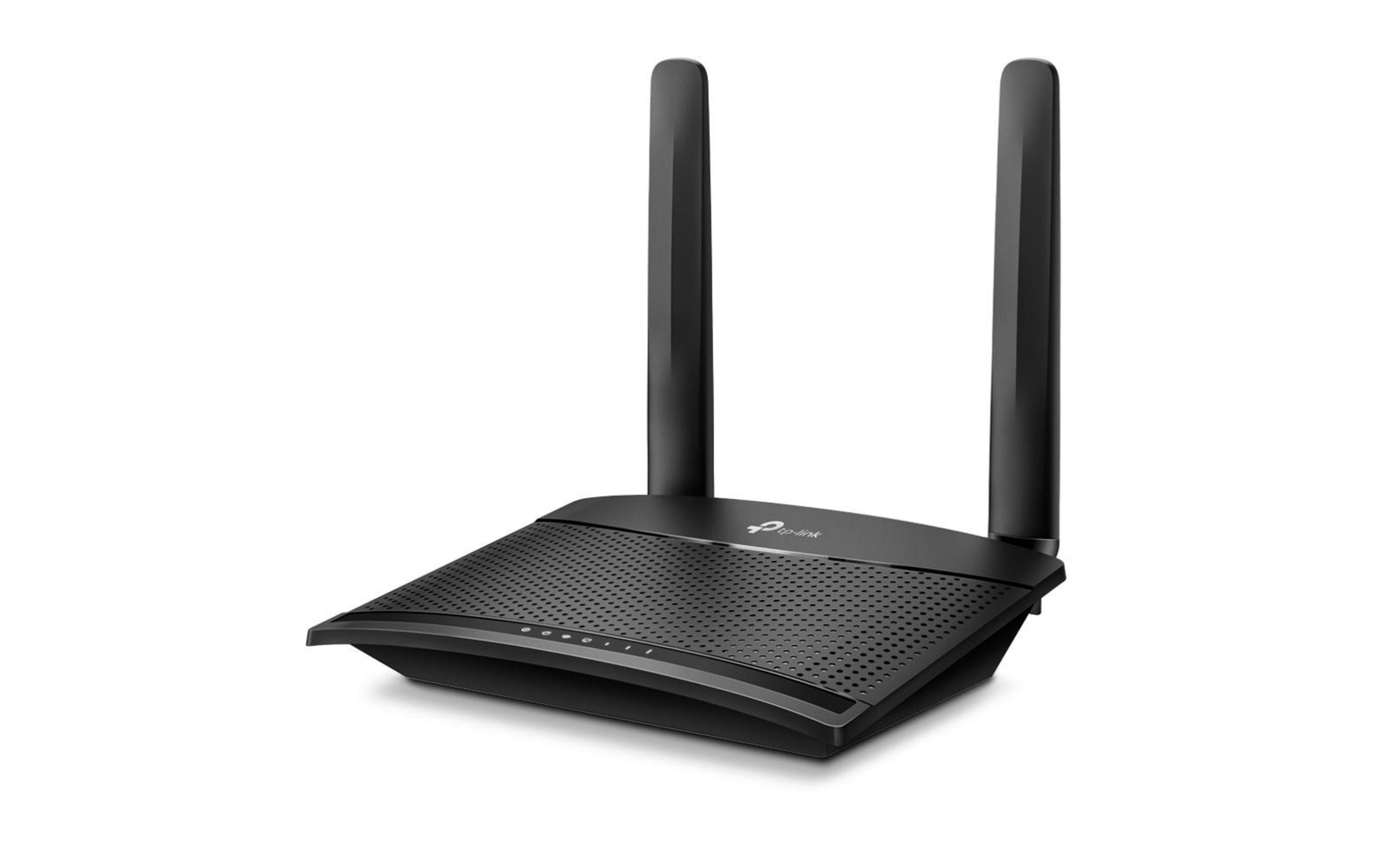 Czarny router WiFi TP-Link z dwiema antenami na białym tle.