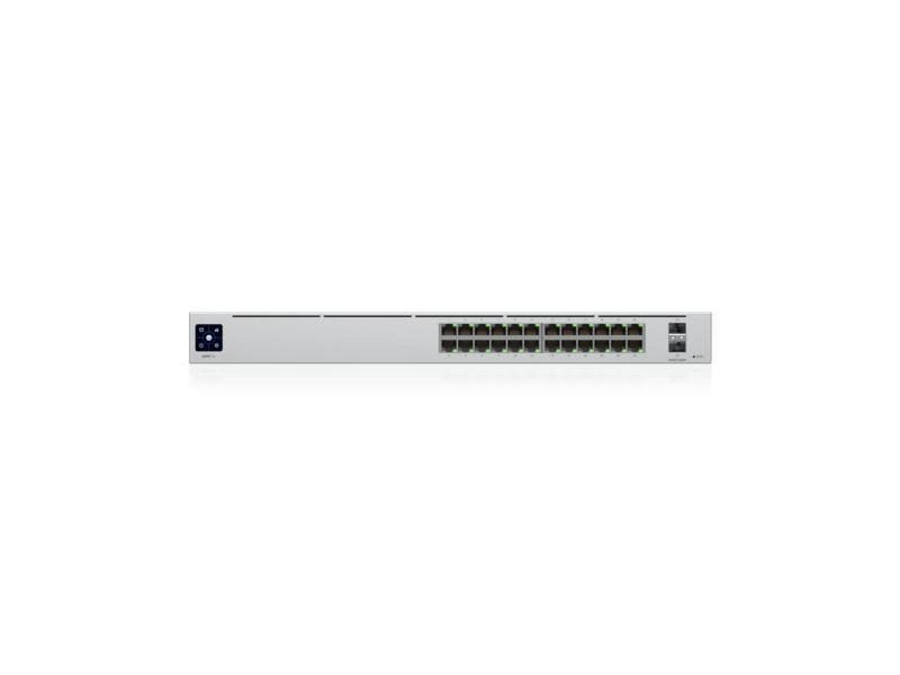 Un switch de red plateado con 24 puertos y un panel de control azul.