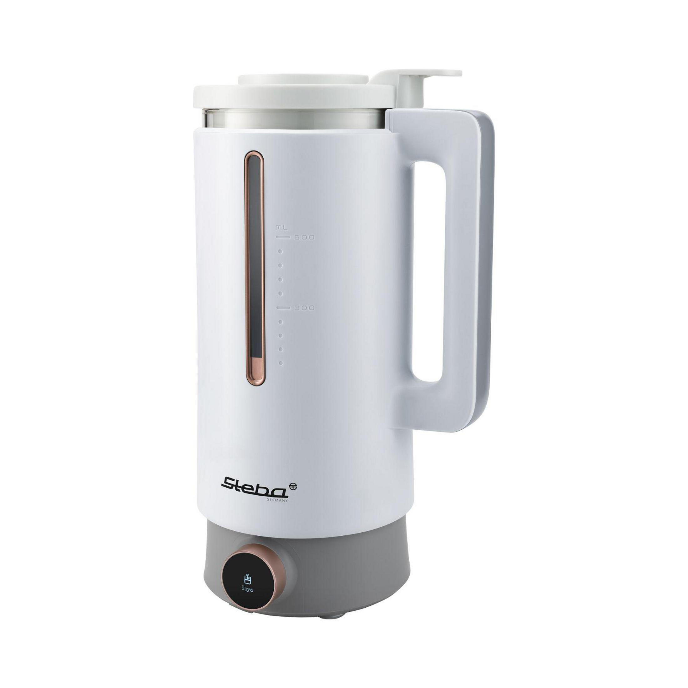 Ein weißer Steba Küchenmixer mit grauem Sockel und Griff. Messskala sichtbar.