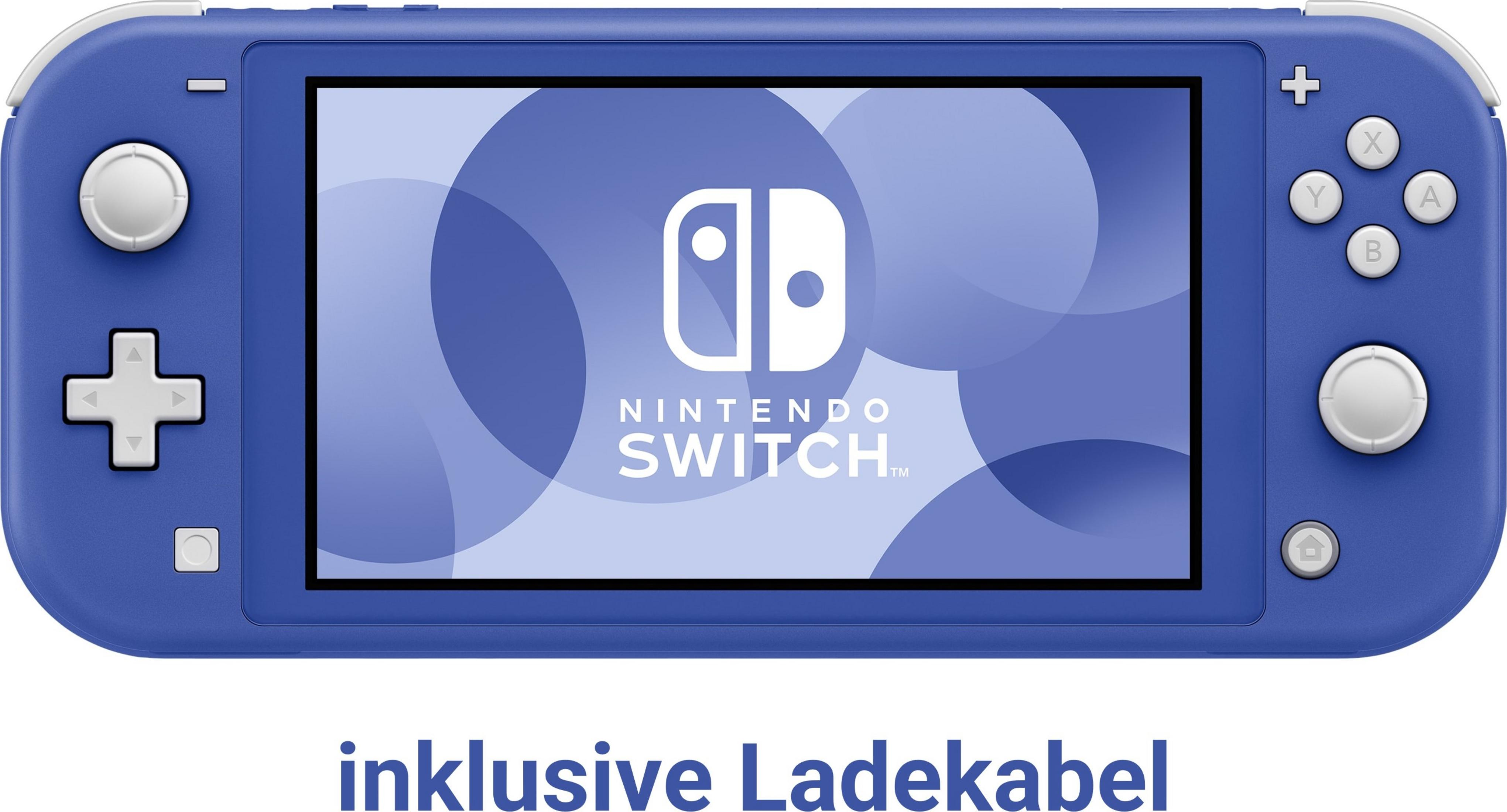 Niebieski Nintendo Switch Lite z tekstem kabla ładowania.