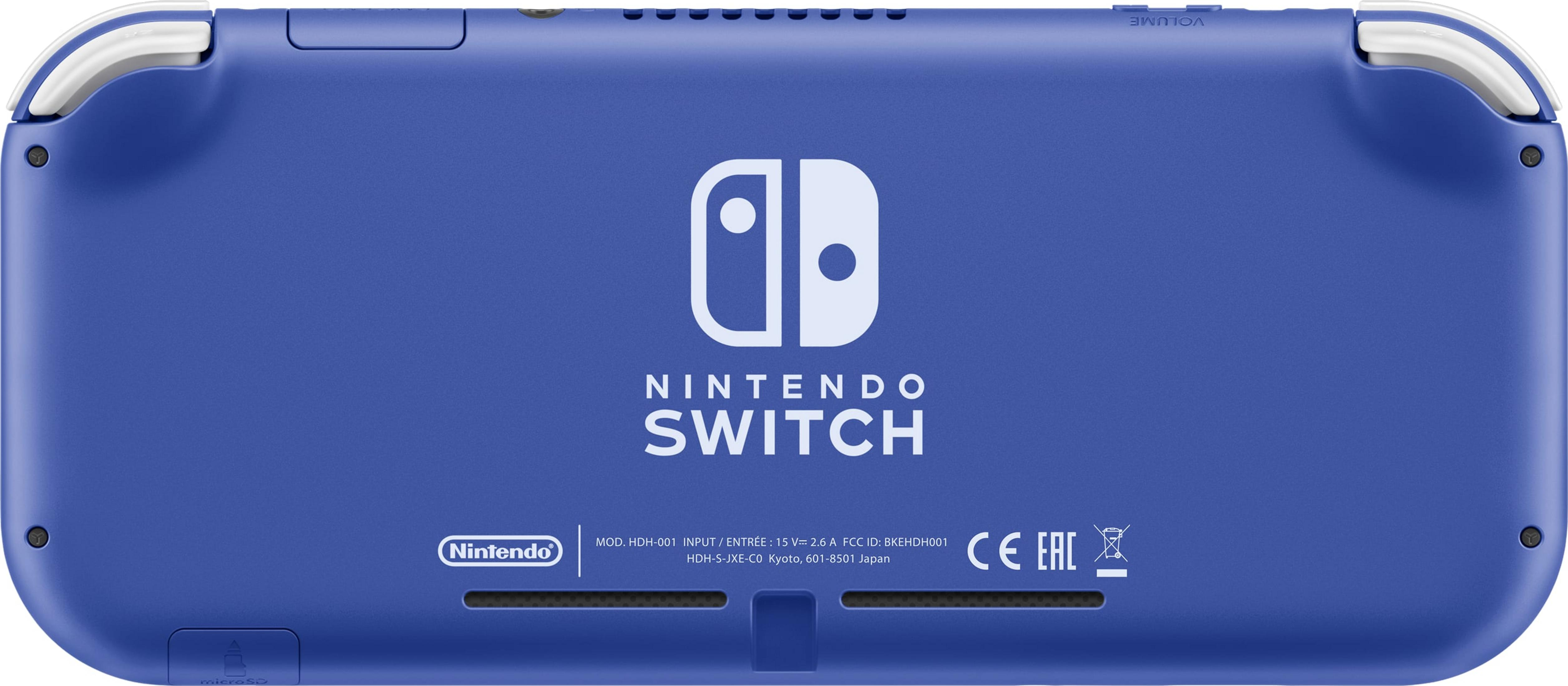 Tył niebieskiej konsoli Nintendo Switch Lite z logo i numerem modelu.