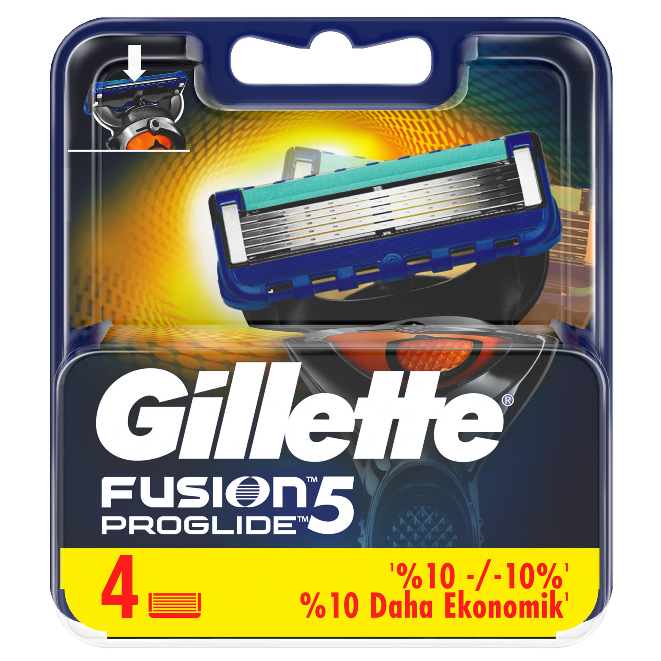 Confezione da 4 lame da barba Gillette Fusion 5 ProGlide, blu e verdi.