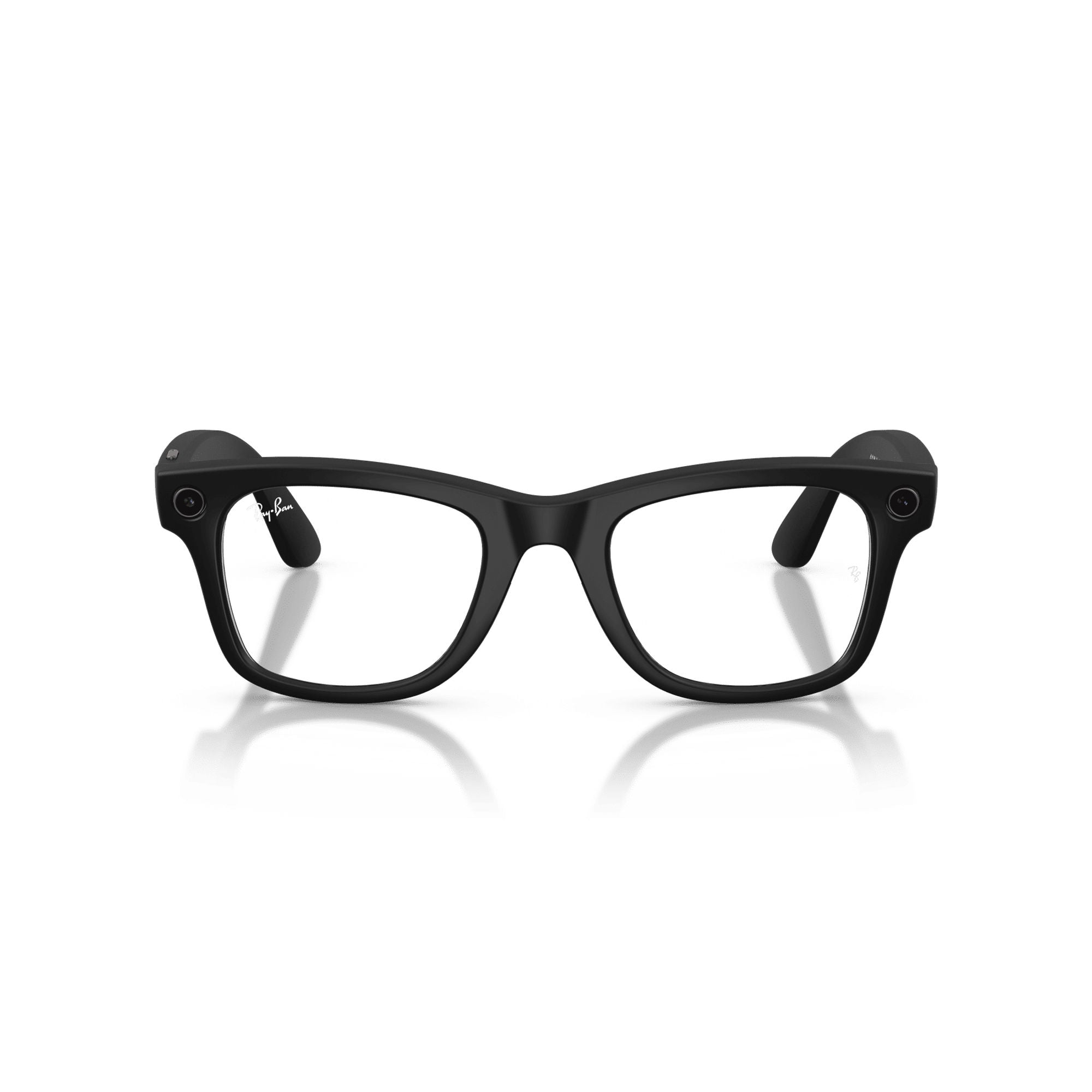 Occhiali neri con logo Ray-Ban e fotocamere sulle stanghette.