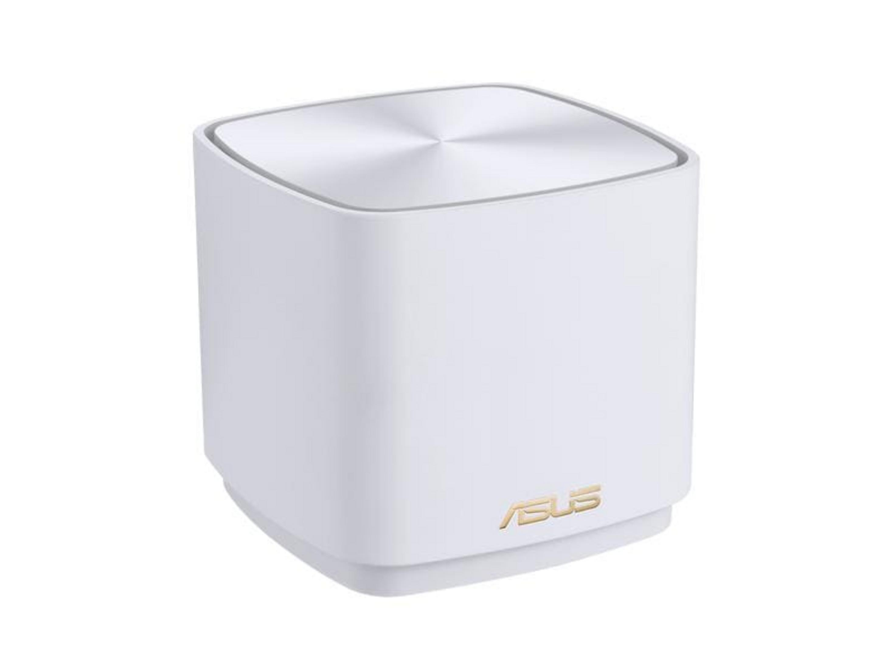 Ein weißer ASUS Router mit silberner Oberseite auf weißem Hintergrund.