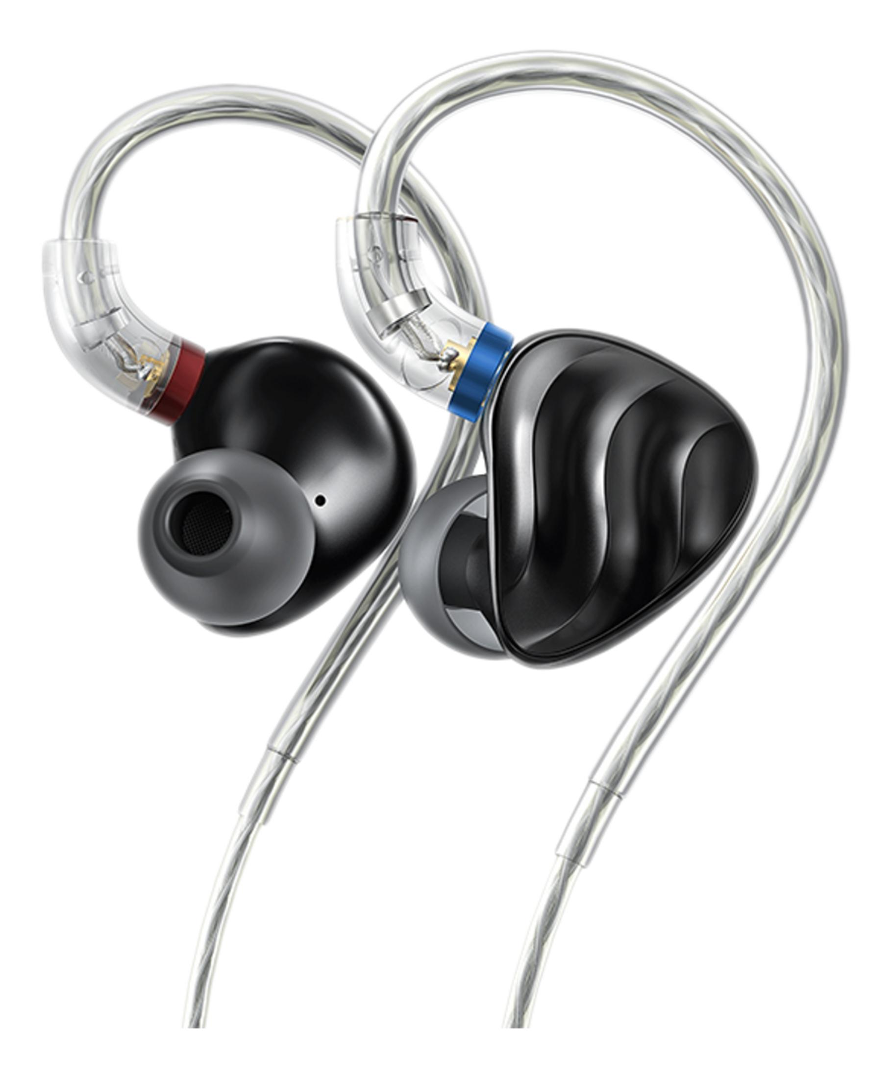 Due auricolari in-ear neri con cavi trasparenti e accenti argentati.