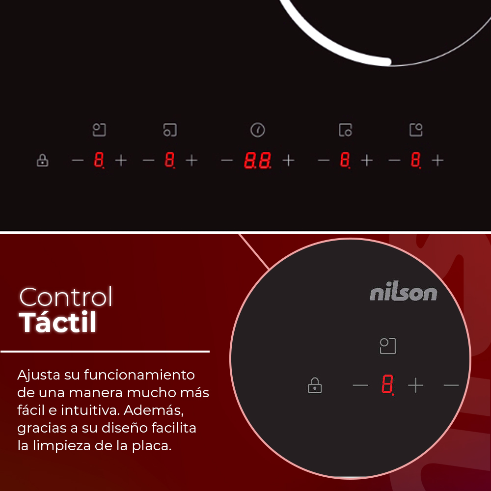 Una placa de cocina con controles táctiles y pantallas digitales de niveles.
