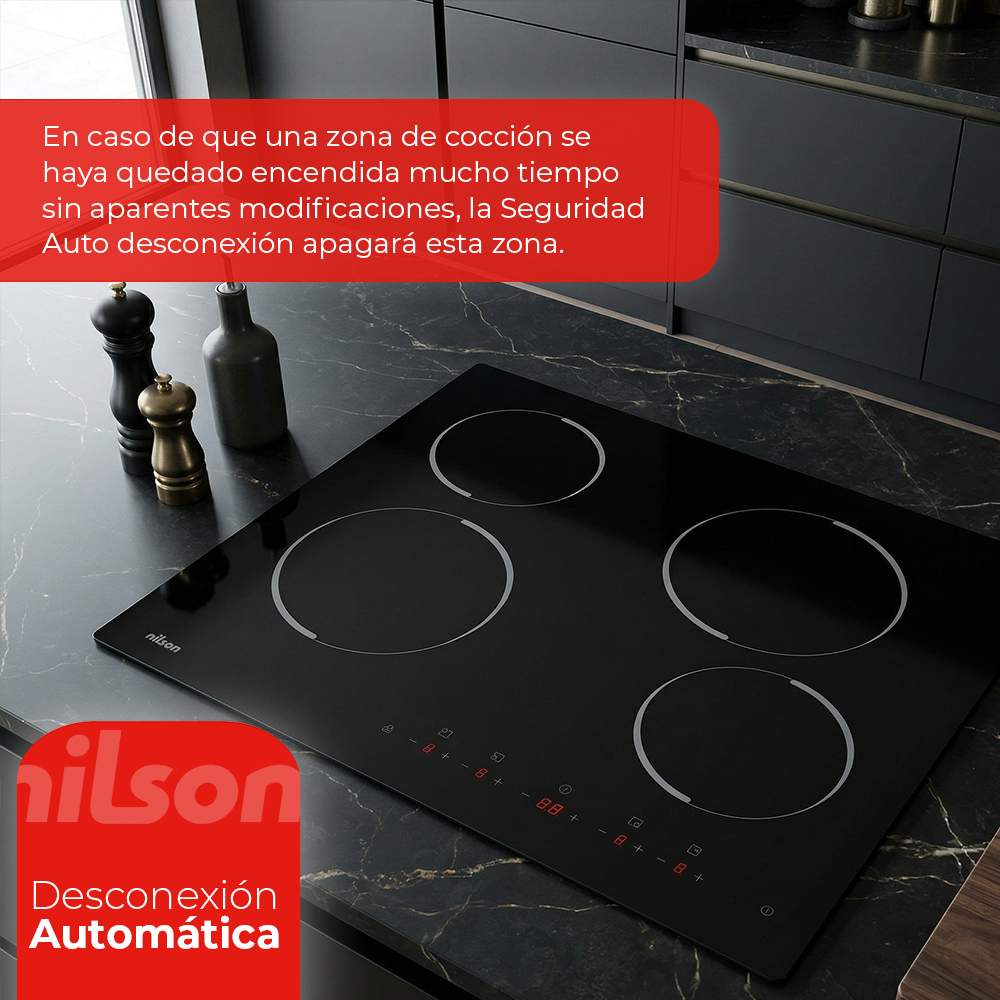 Placa de inducción negra con cuatro zonas de cocción y panel de control.