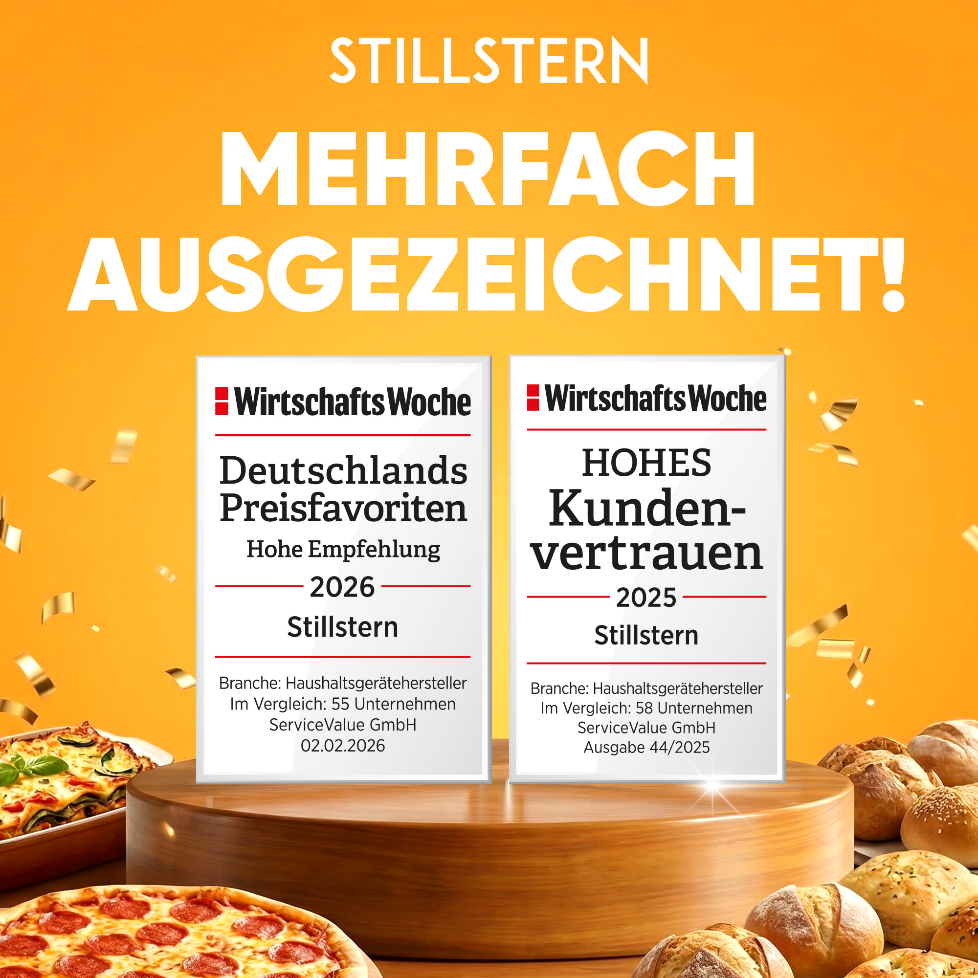 Stillstern: Mehrfach ausgezeichnet mit Pokalen, Pizza, Lasagne und Brot. Goldkonfetti.
