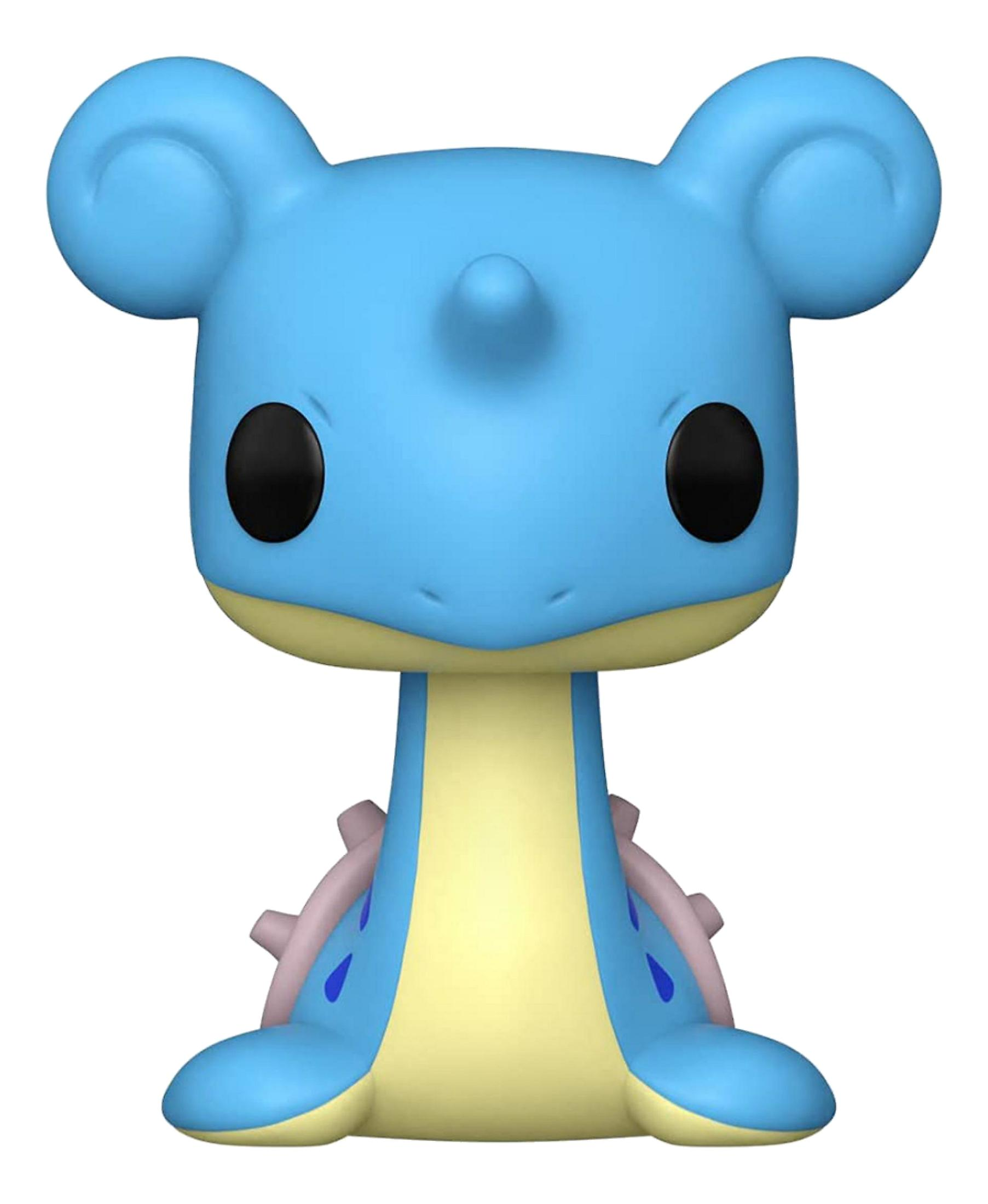 Un juguete Funko Pop azul de Lapras, un Pokémon, con acentos amarillos y púas de caparazón rosas.