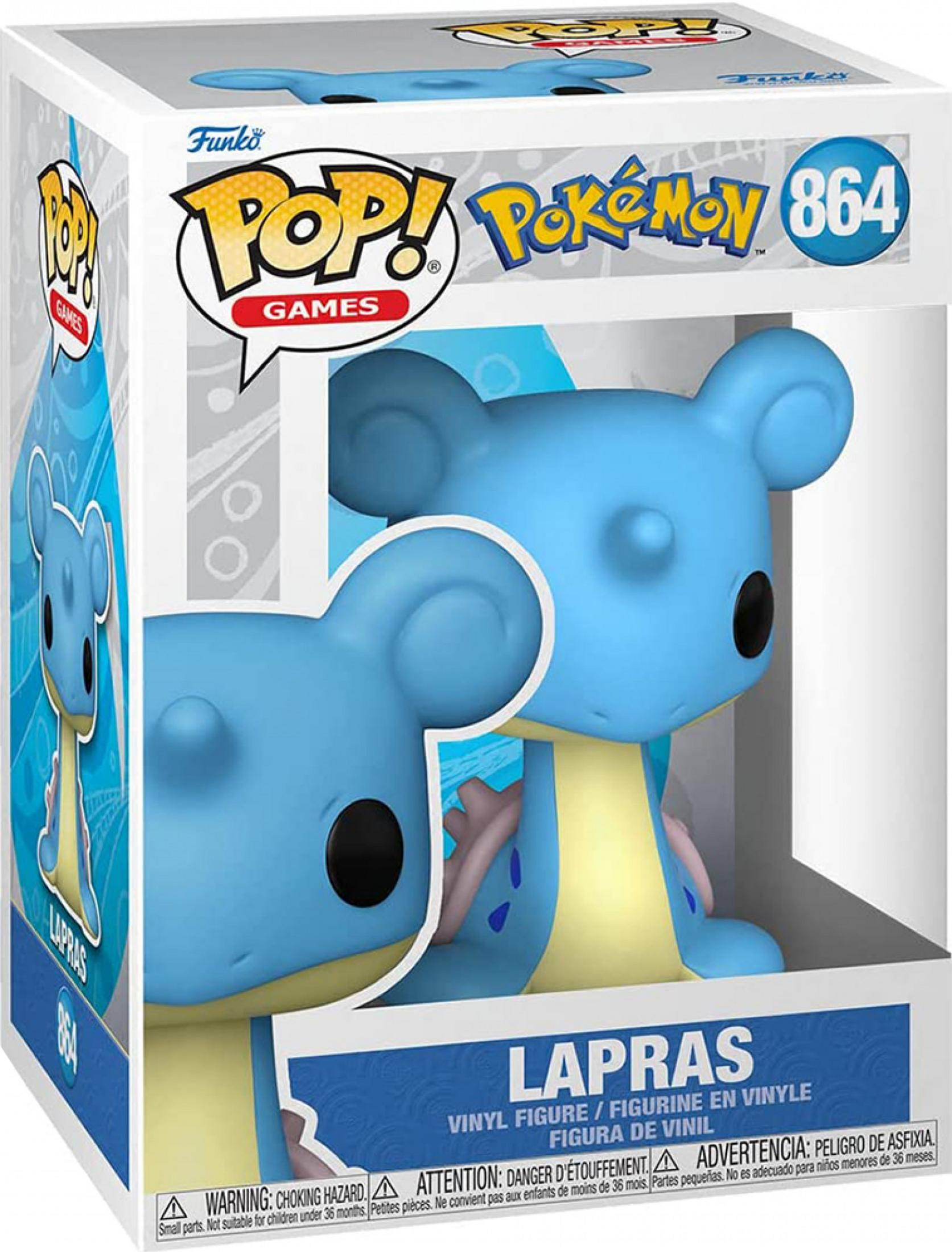 Una figura azul de Lapras Funko Pop! en su empaque con marca Pokémon.