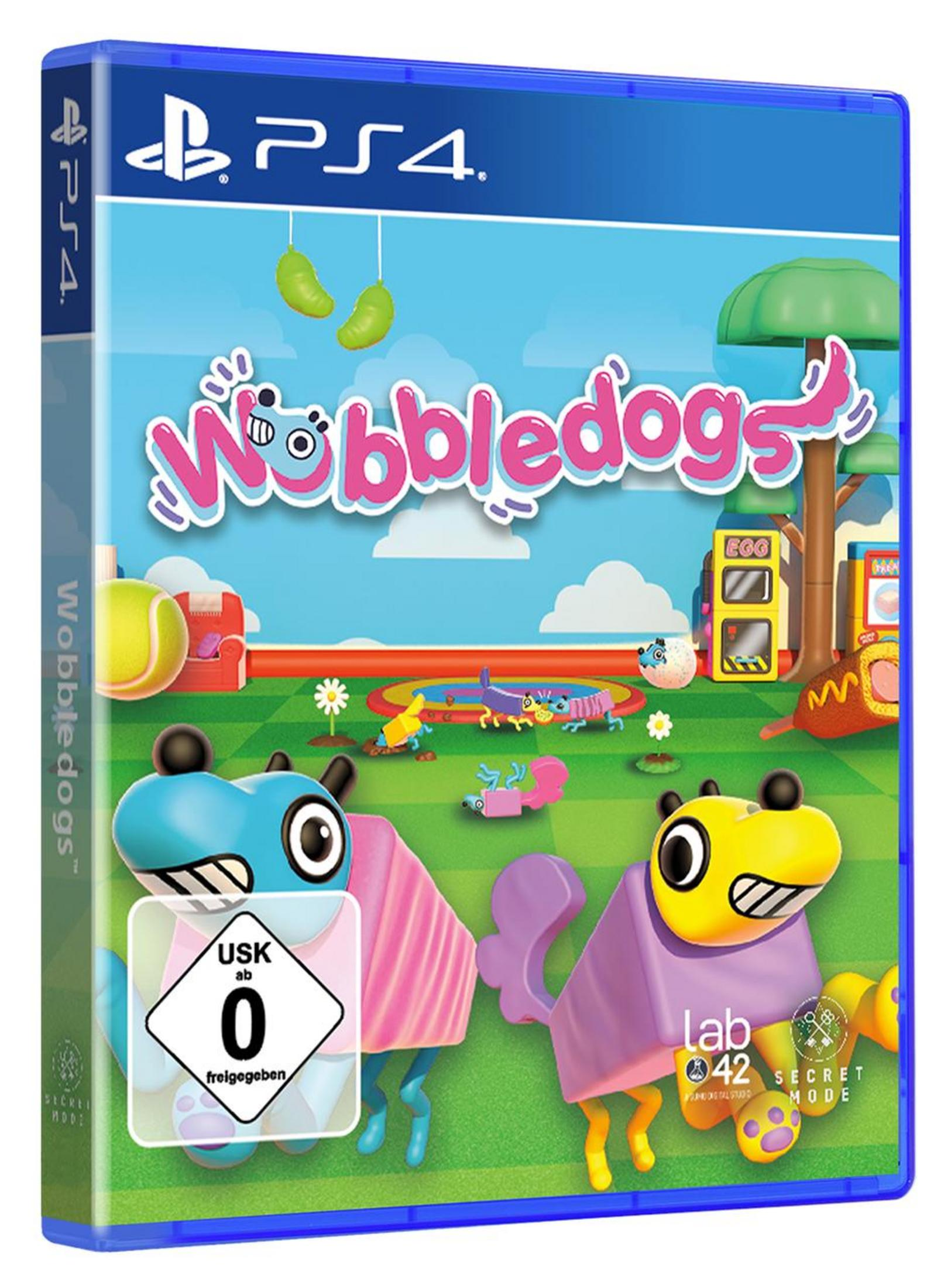 Boîtier de jeu PS4 avec des personnages colorés de Wobbledogs dans une scène de monde de jeu.