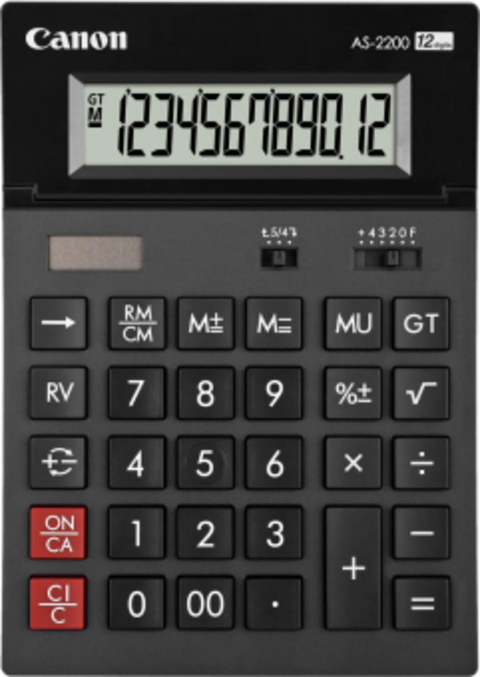 Czarny kalkulator Canon AS-2200 z podświetlanym wyświetlaczem pokazującym 1234567890.12.