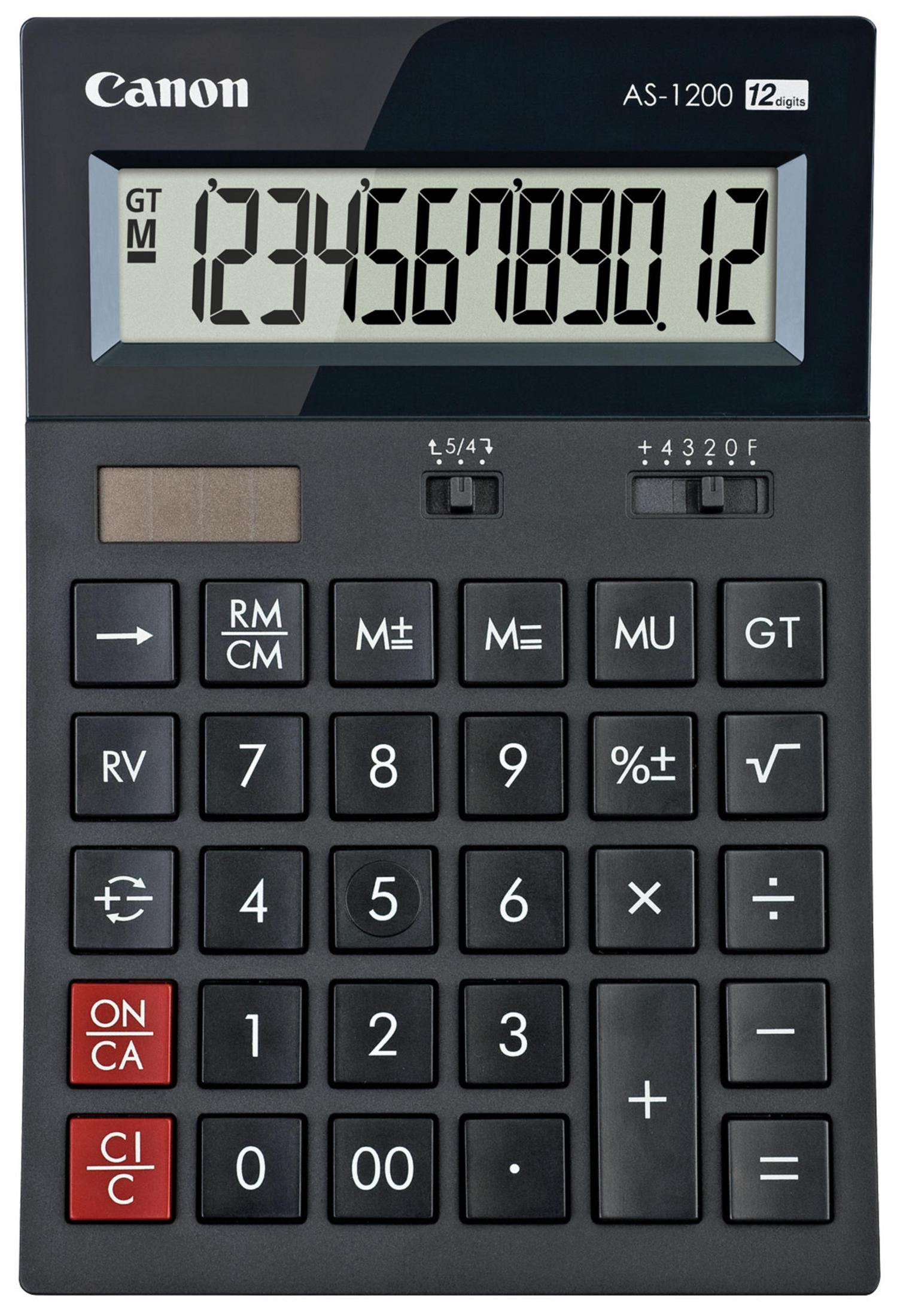 Schwarzer Canon AS-1200 Taschenrechner mit großem Display, das 123456789012 anzeigt.