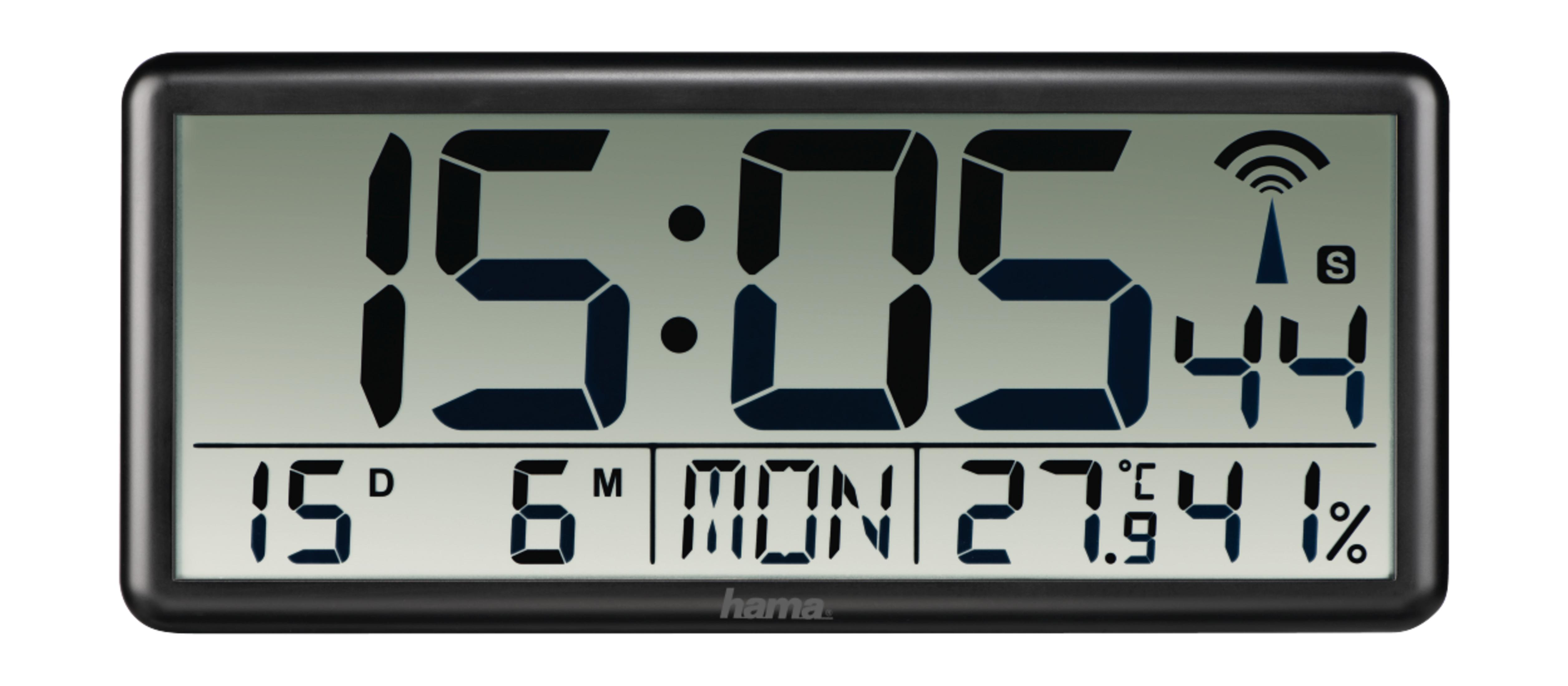 Zegar cyfrowy pokazuje 15:05, 15°C, 6M, poniedziałek, 27.9°C i 41% wilgotności.