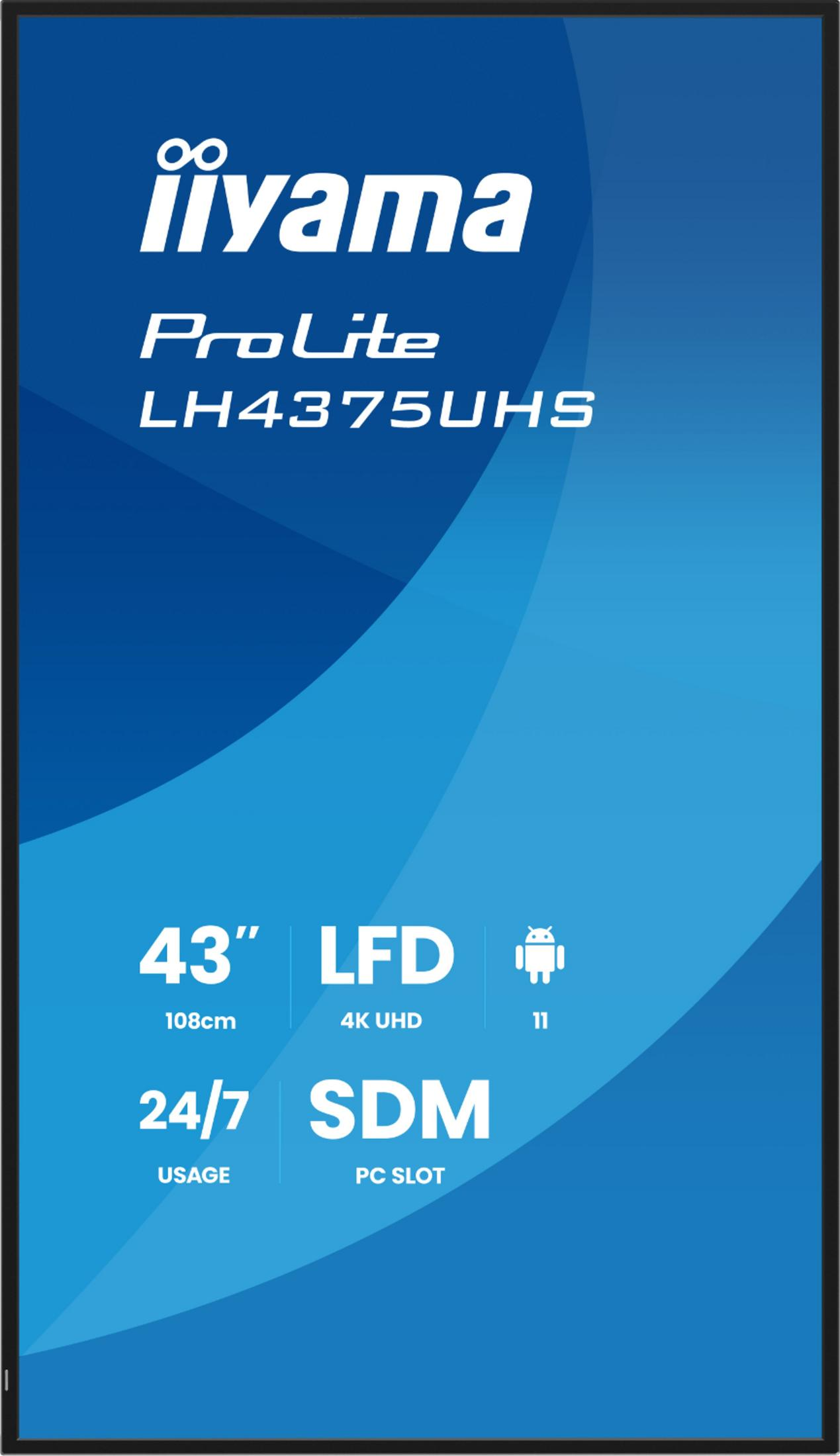Iiyama ProLite LH4375UHS: 43" LFD, 4K UHD, 24/7 usage, Android 11.