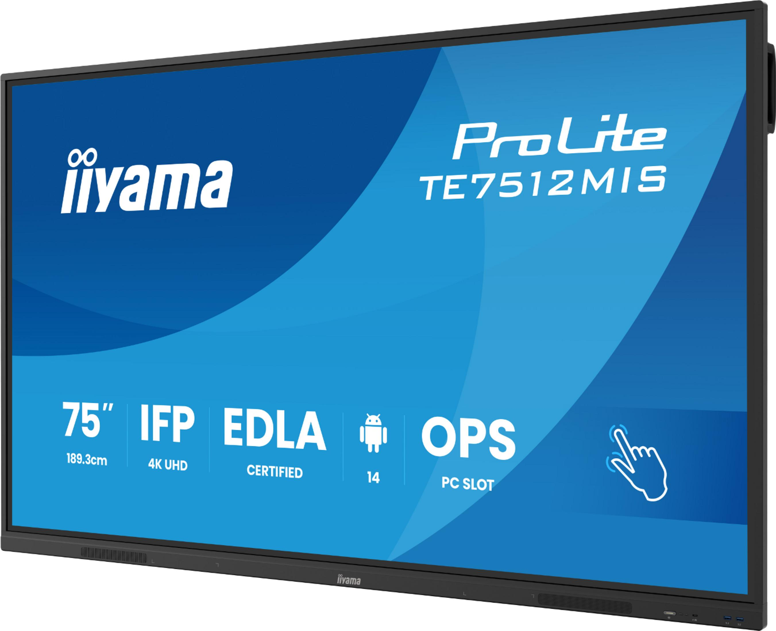 Ein Iiyama ProLite 75-Zoll-IFP-Touchscreen mit 4K UHD und OPS-Slot.