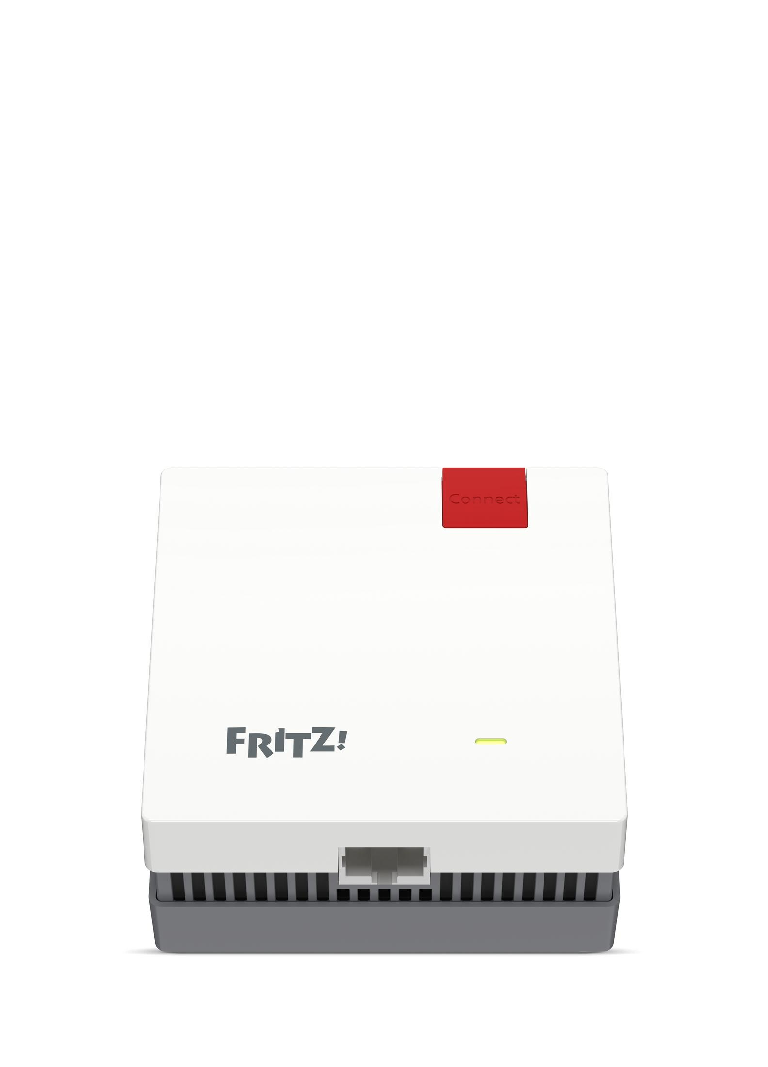 Un router Fritz!Box bianco con pulsante Connect rosso e porta LAN.