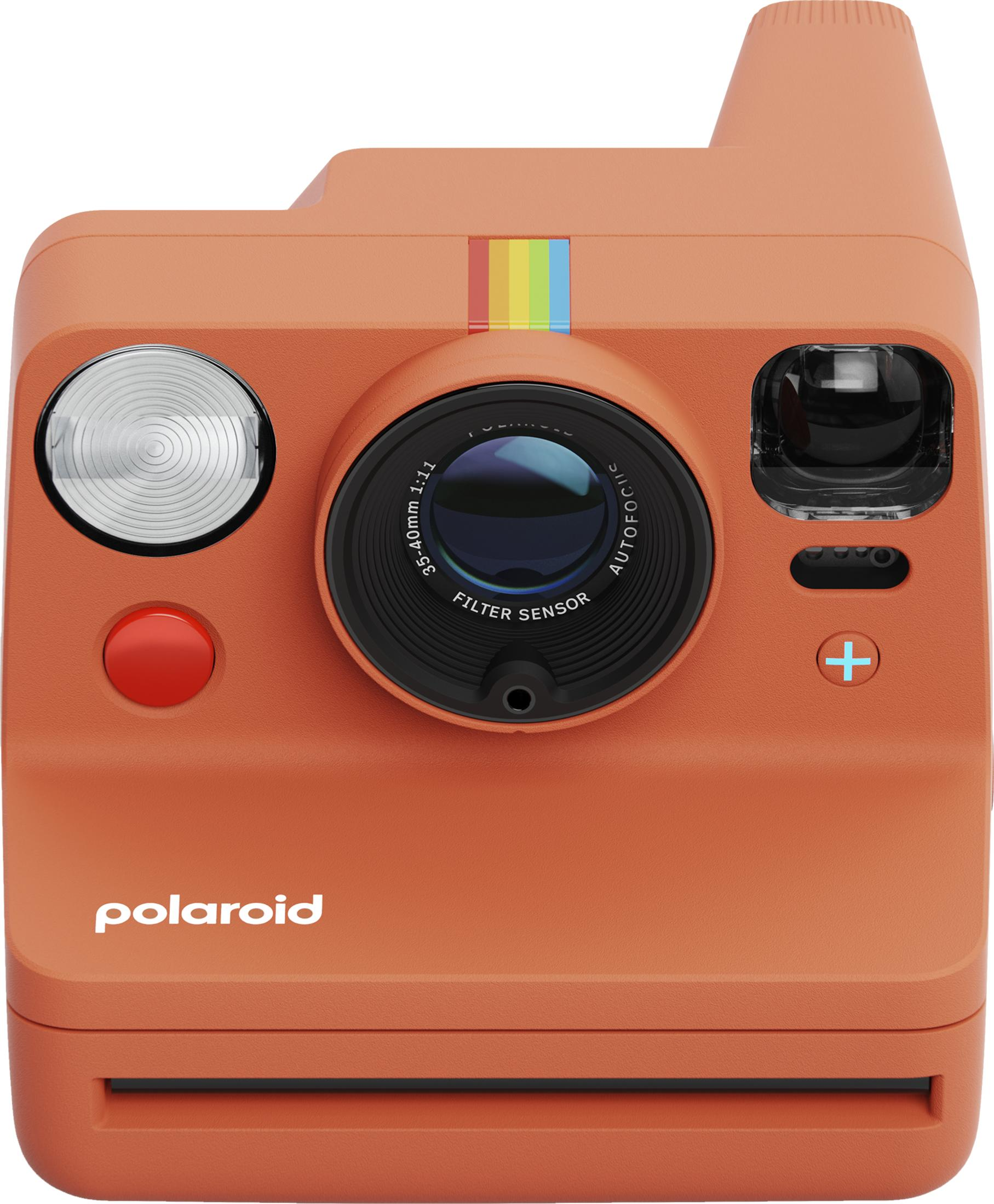 Appareil photo Polaroid orange avec flash, objectif, bouton rouge et rayures arc-en-ciel.