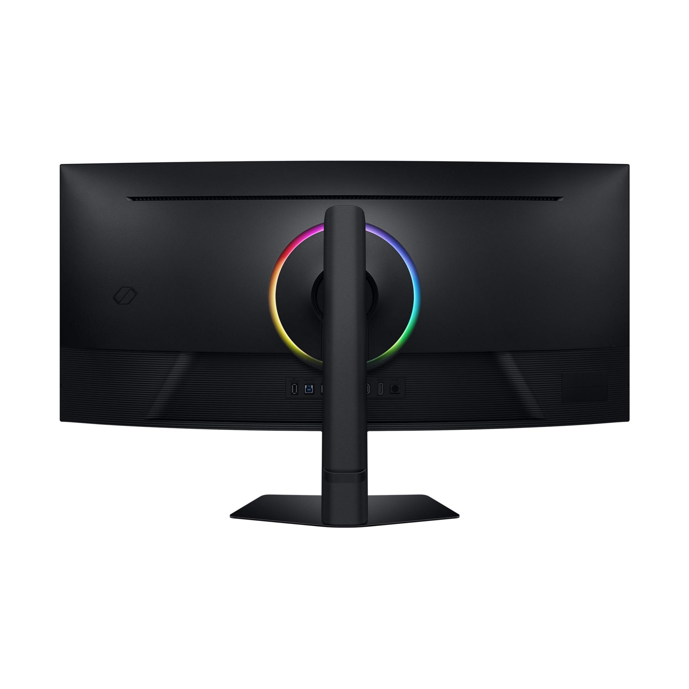 Achterkant van een zwarte monitor met RGB-verlichting en standaard.