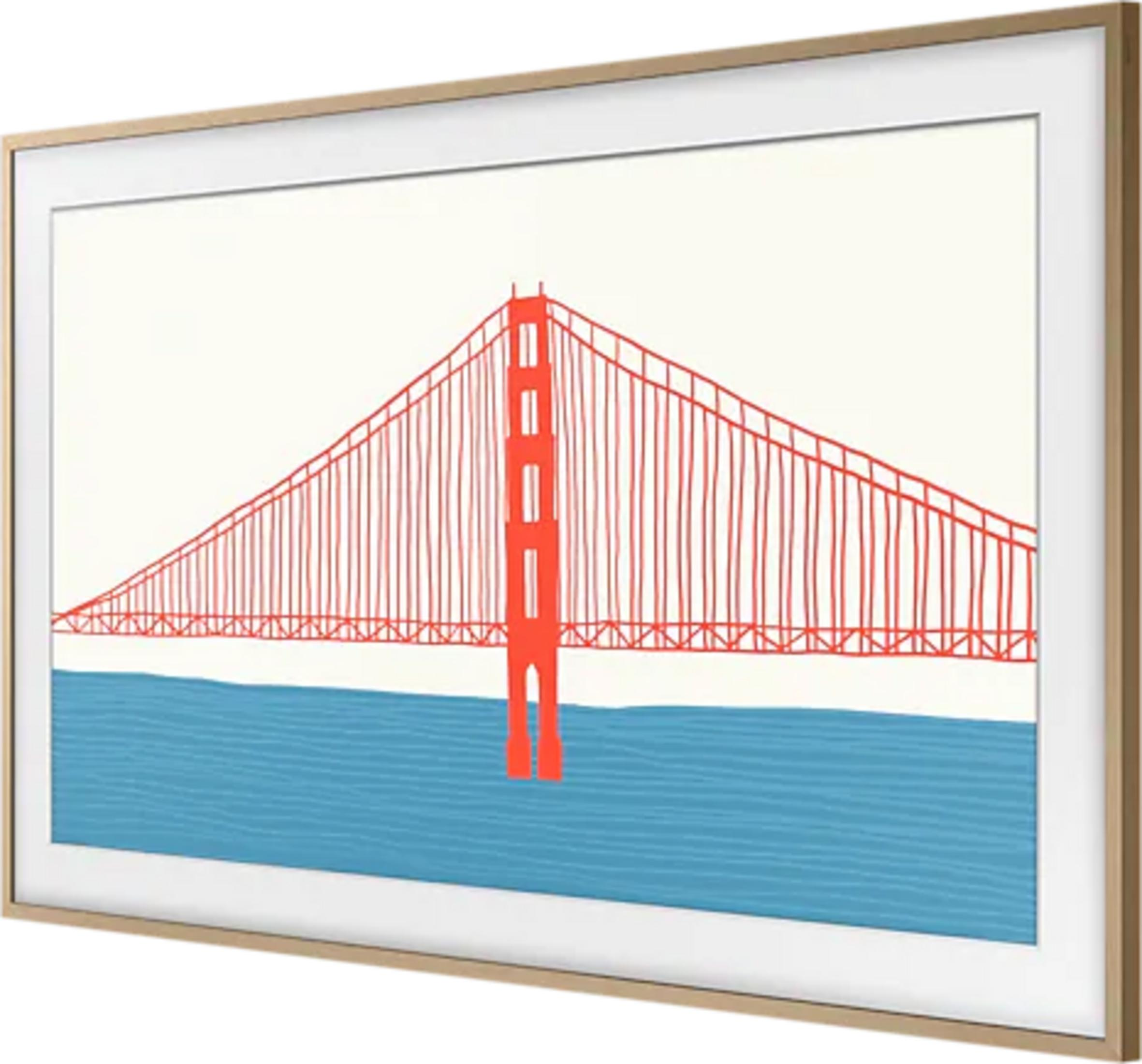 Rote Brücke mit blauer Wasserfläche, minimalistisch.
