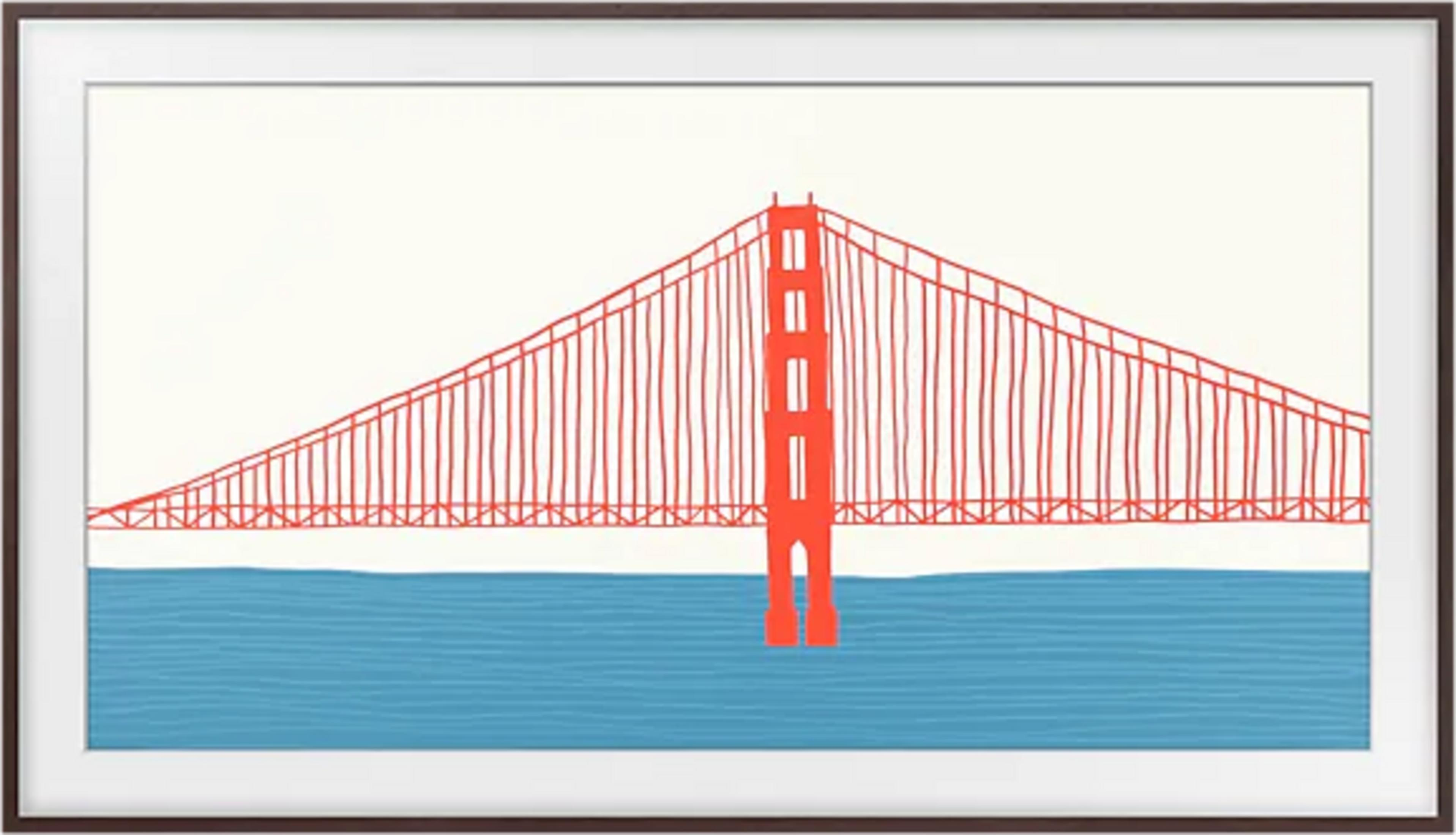 Eine rote Brücke mit Seilen über blauem Wasser auf weißem Hintergrund.