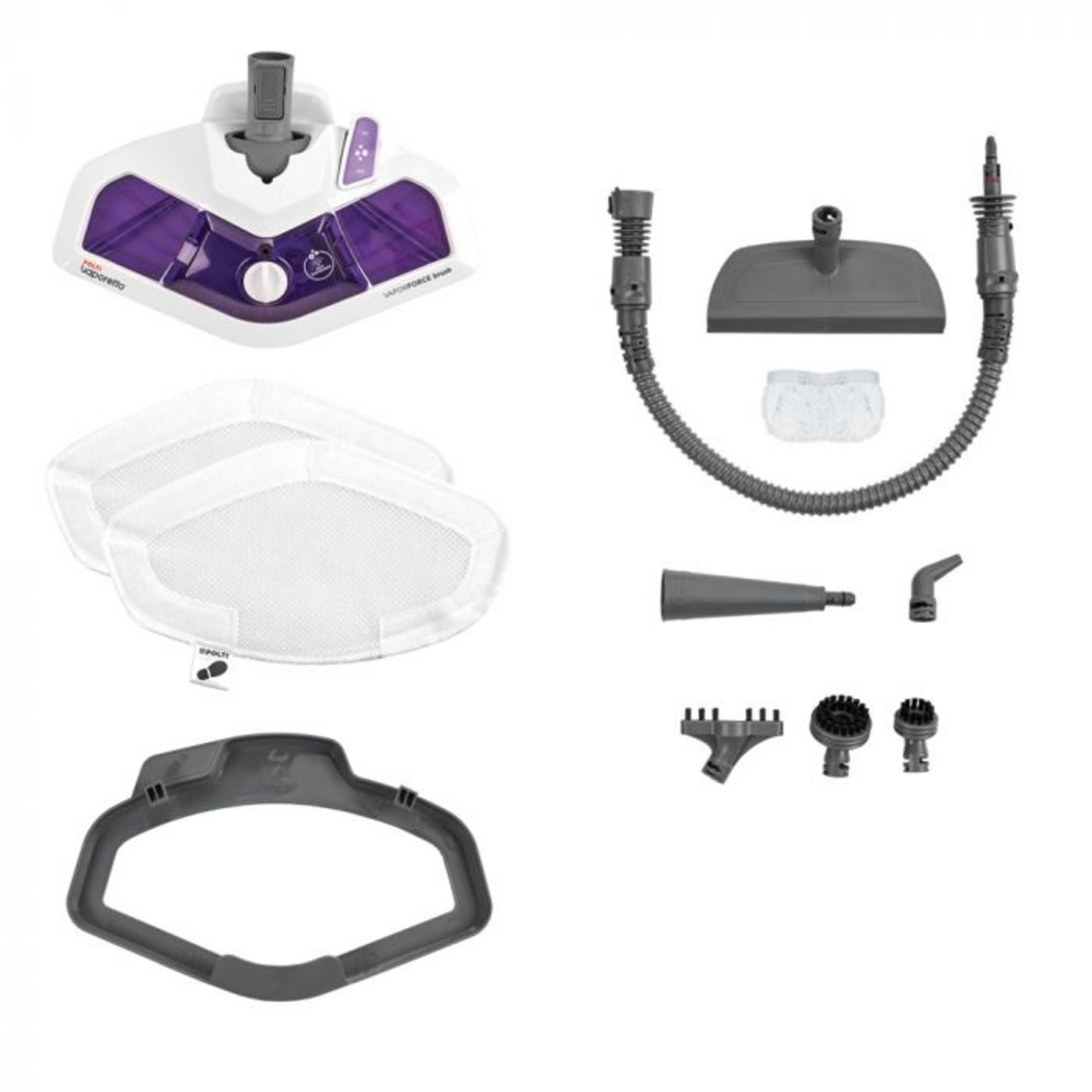 Akcesoria do myjki parowej: szczotki, dysza, wąż, głowica podłogowa.