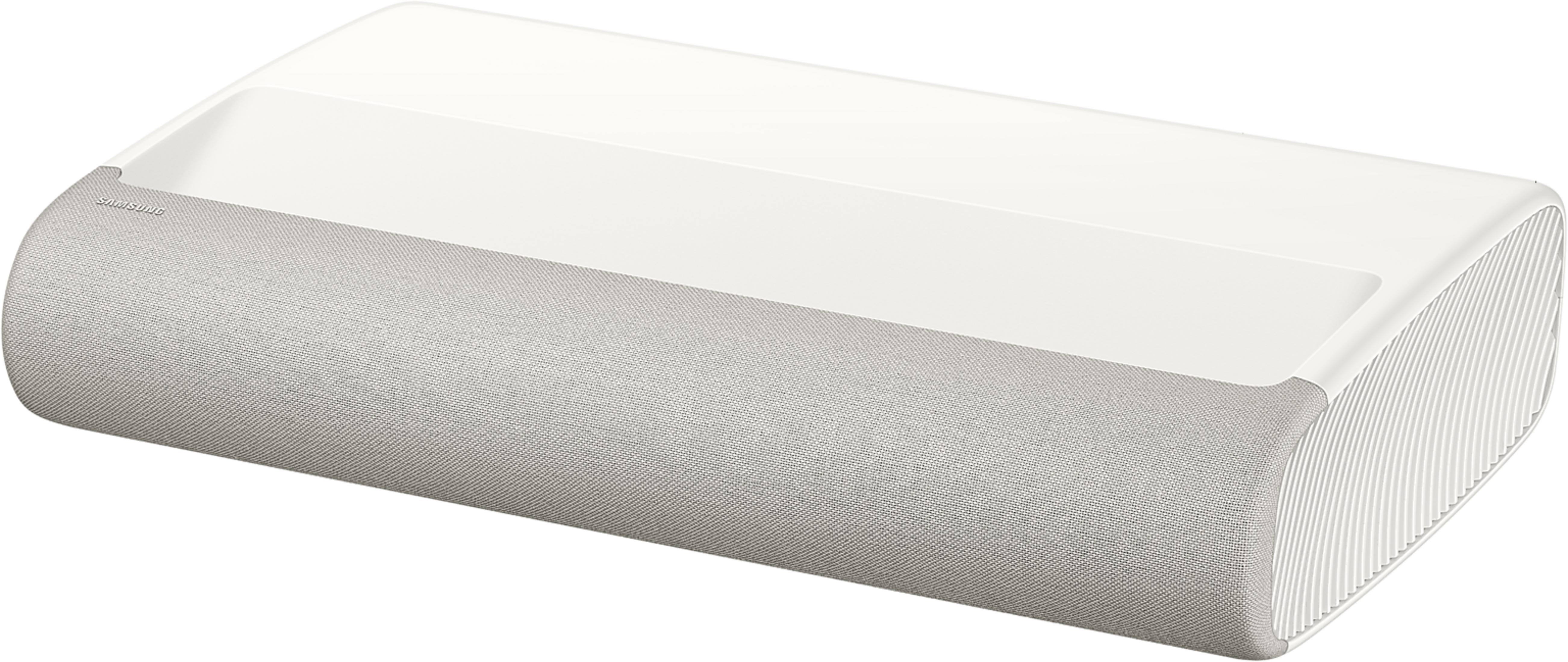 Biały projektor Samsung z jasnoszarą, tekstylną przednią częścią.