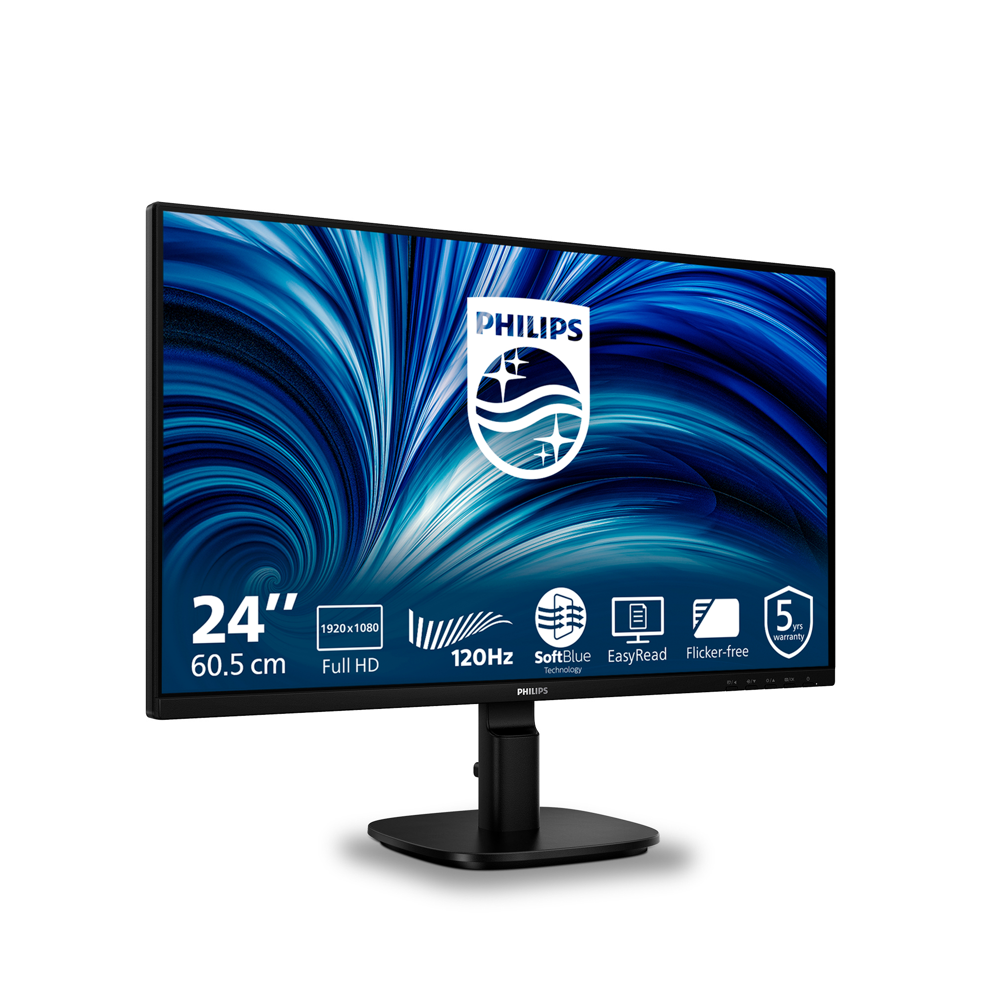 Czarny monitor Philips 24 cale, Full HD, 120Hz z 5-letnią gwarancją.