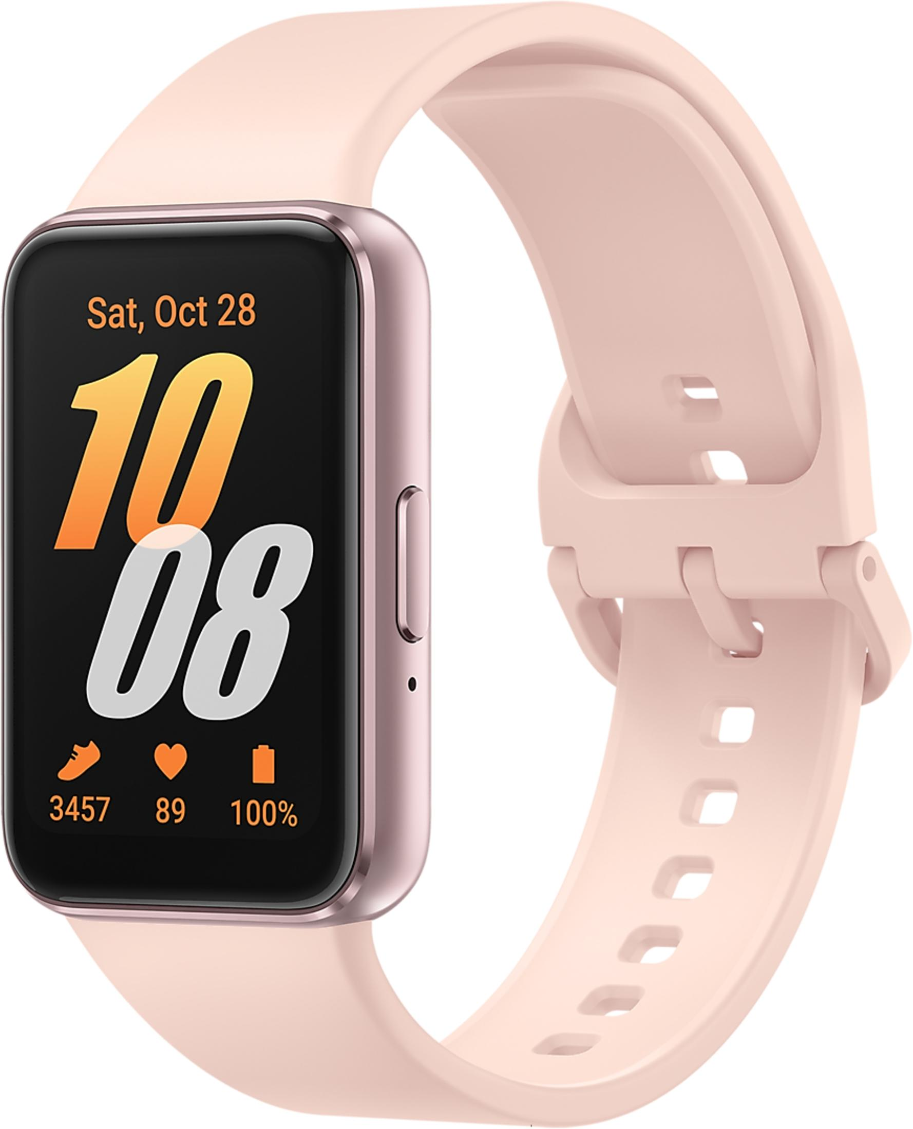 Een roze smartwatch met rechthoekig scherm toont 10:08.