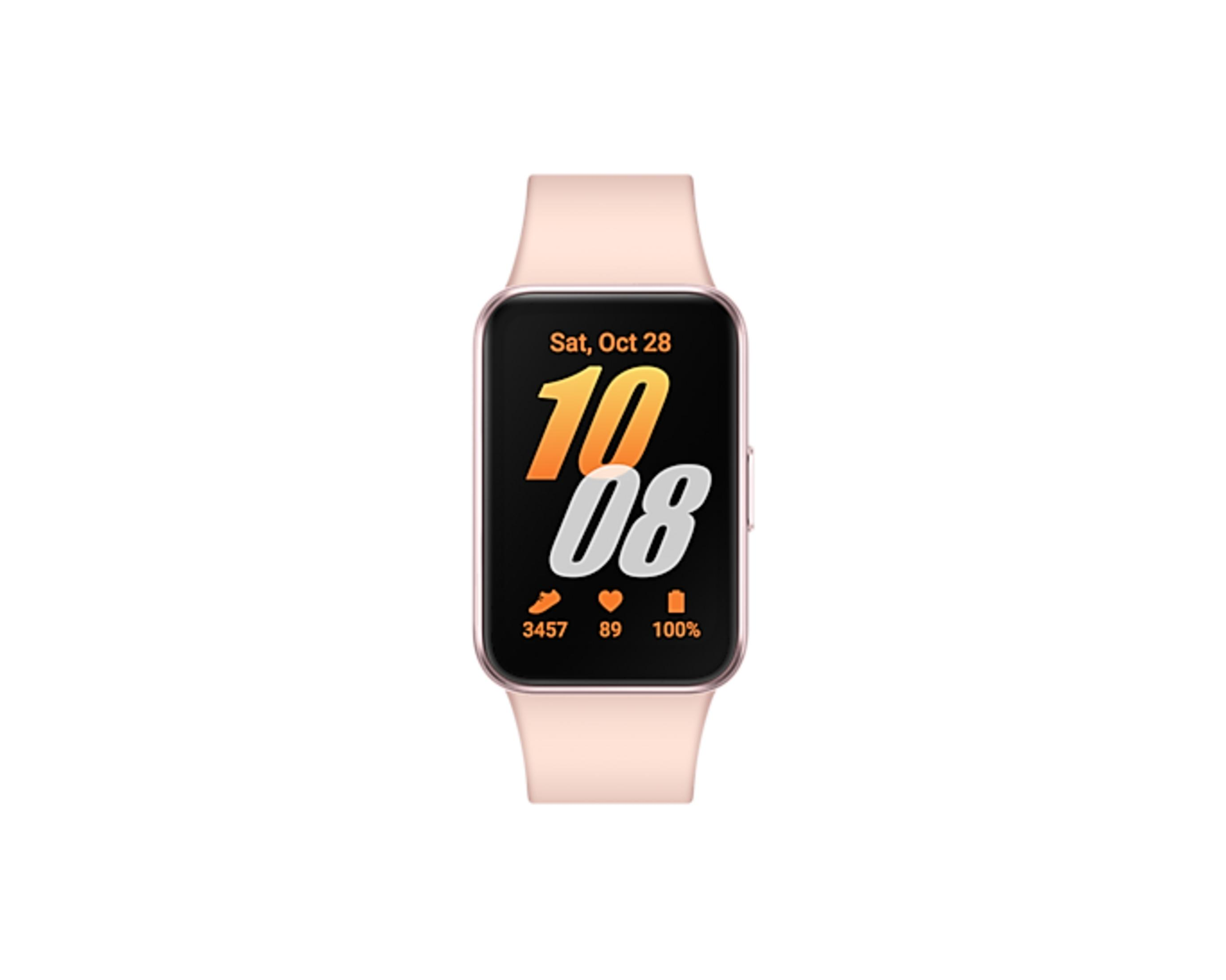 Een roze smartwatch met een zwart scherm dat tijd, datum en fitnessgegevens weergeeft.