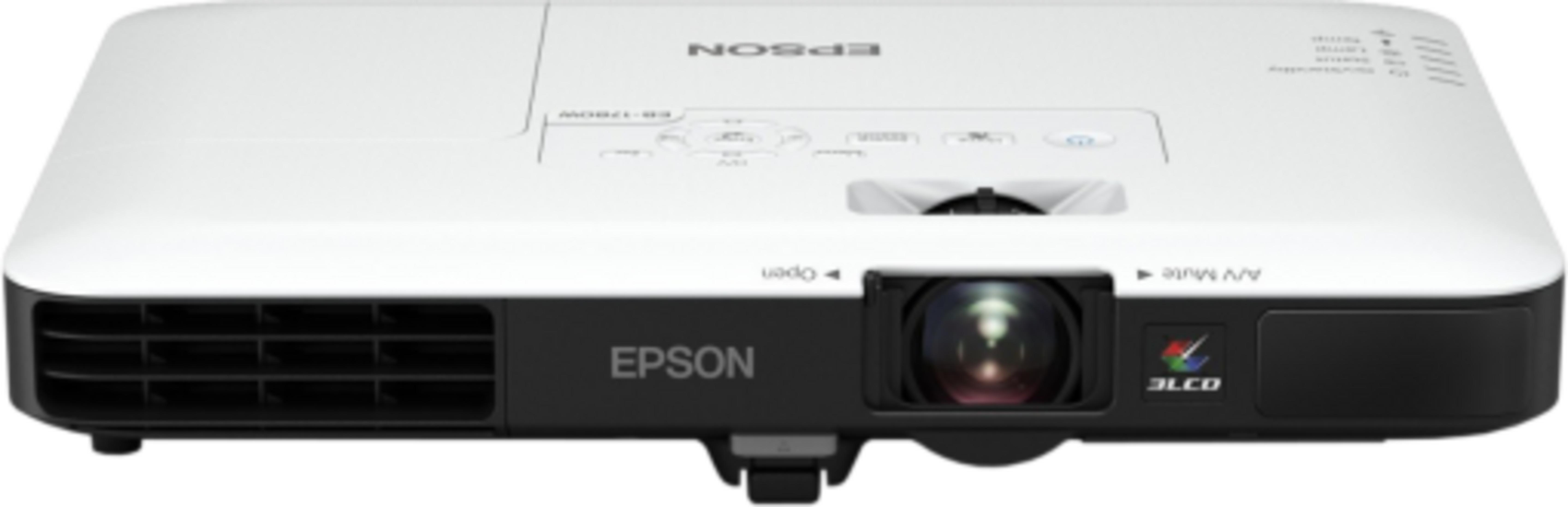 Ein weißer Epson Projektor mit schwarzem Vorderteil und Linse.