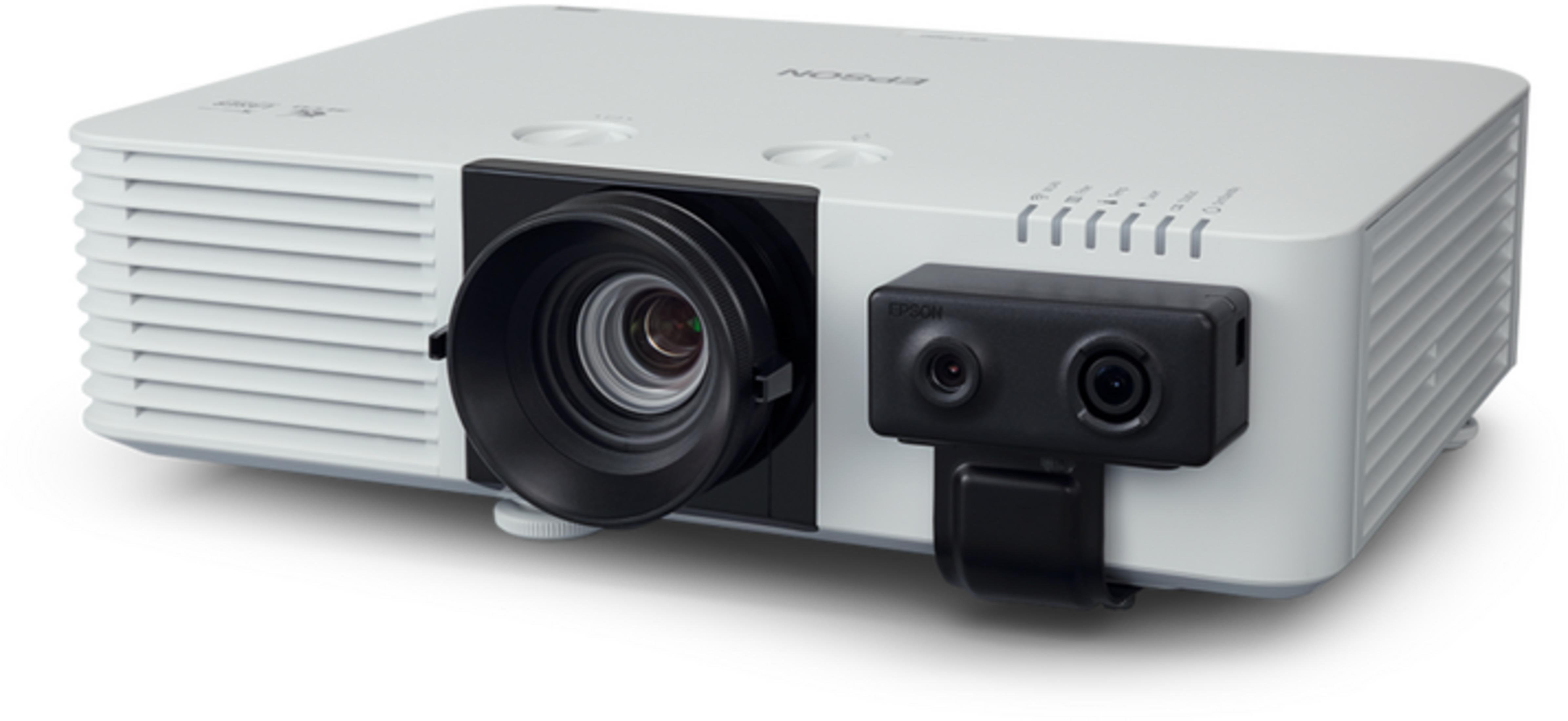 Un proiettore Epson bianco con lente ed elementi della fotocamera.