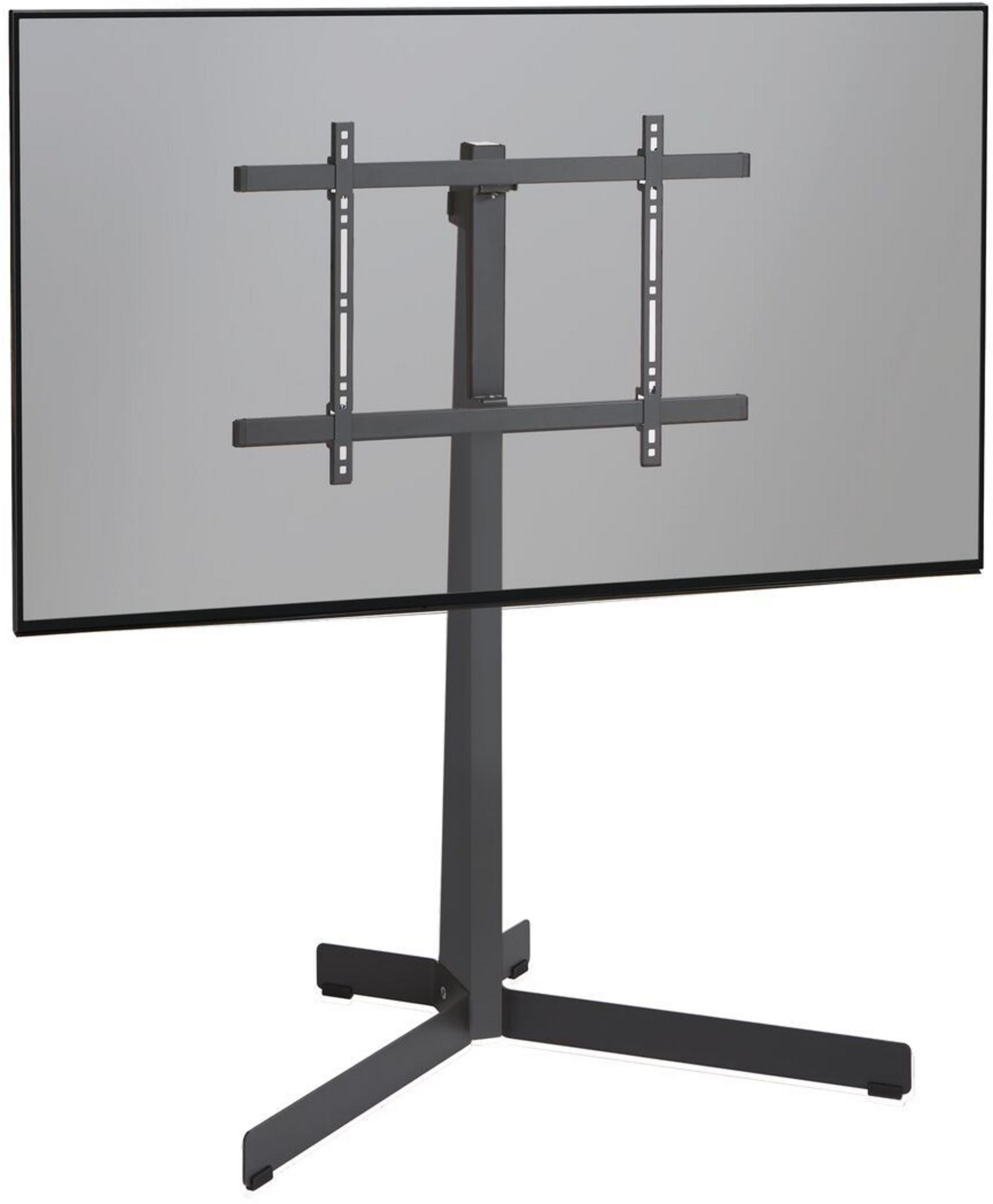 Szary stojak pod telewizor z szerokim, płaskim ekranem i pojedynczym słupem.