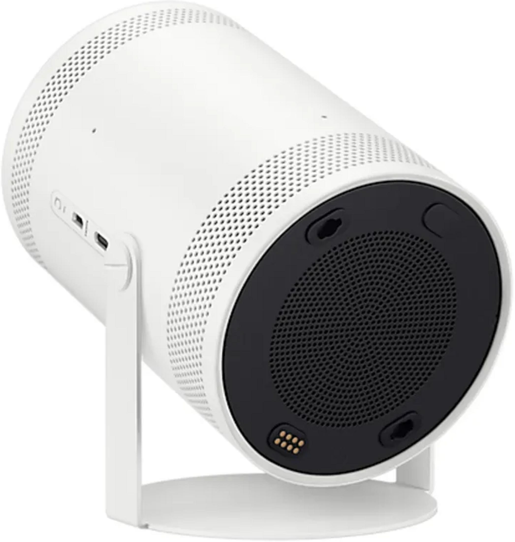 Witte cilindrische projector met ventilatieopeningen en poorten.