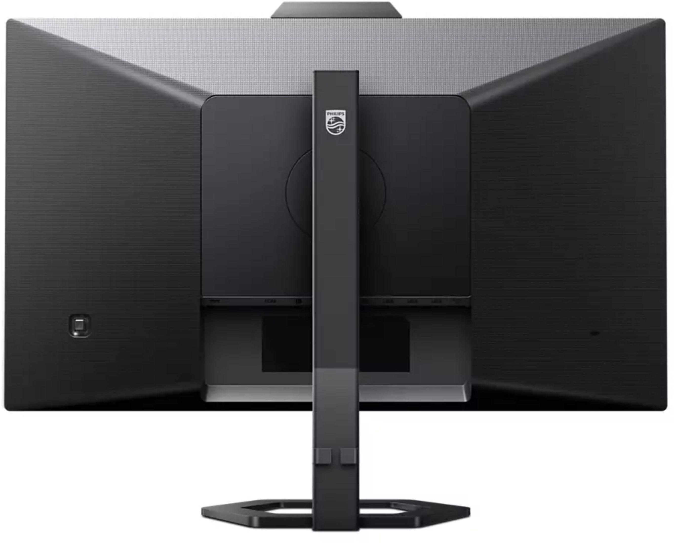 Tył czarnego monitora z logo Philips i portami. Teksturowana powierzchnia.
