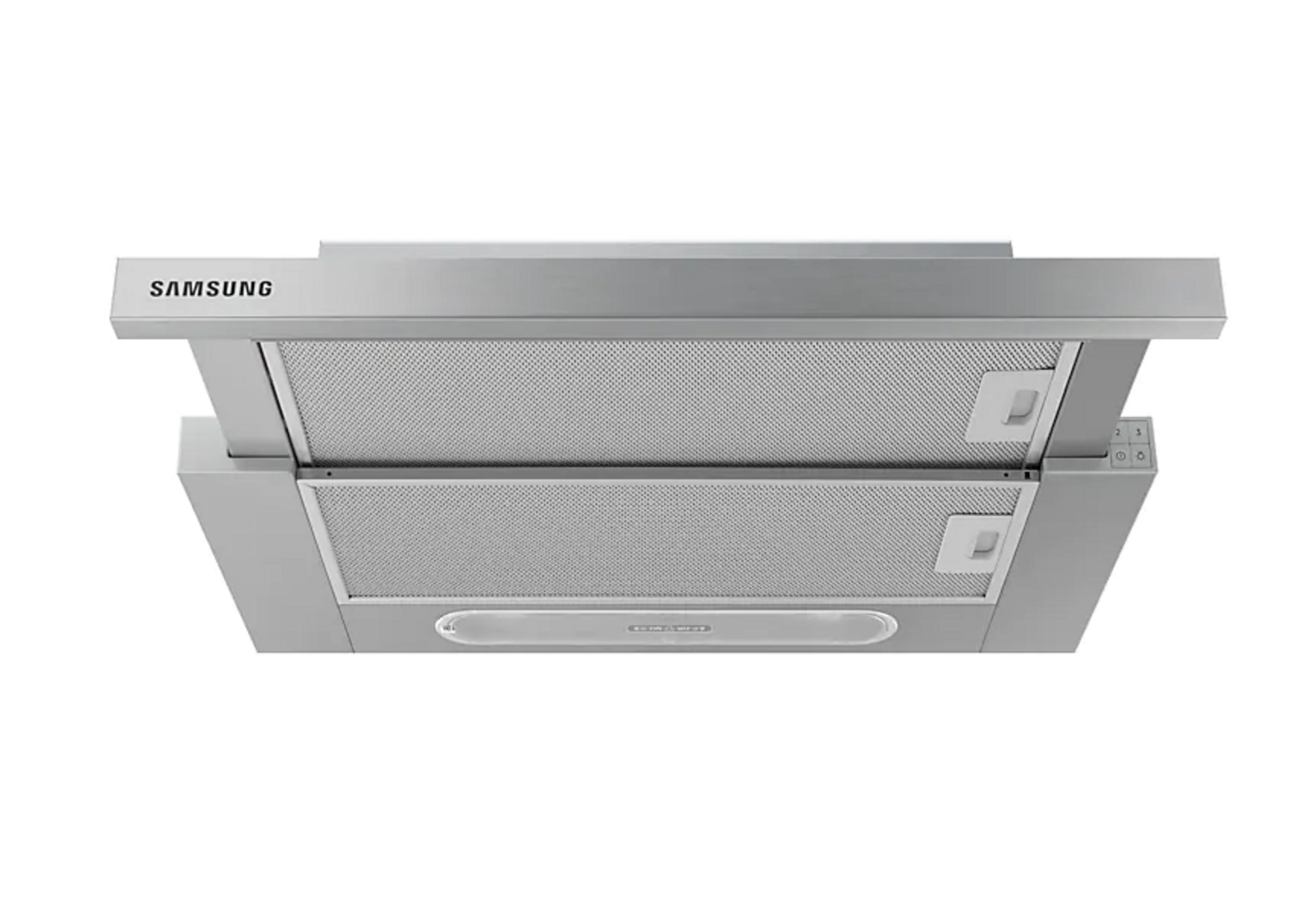 Silver Samsung range hood with metal filters and light bar.