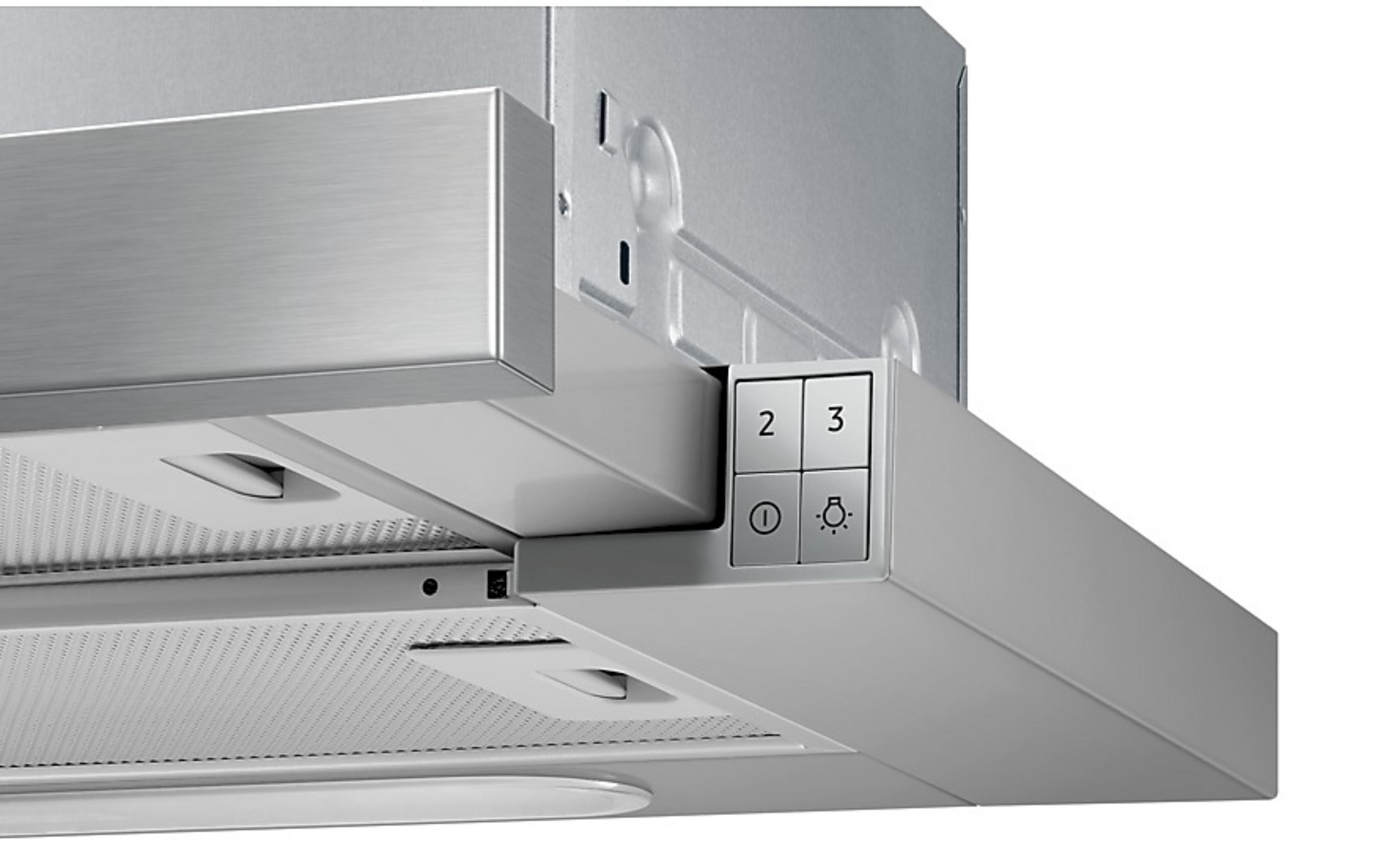 Close-up of a range hood control panel with buttons 1, 2, 3 and light.