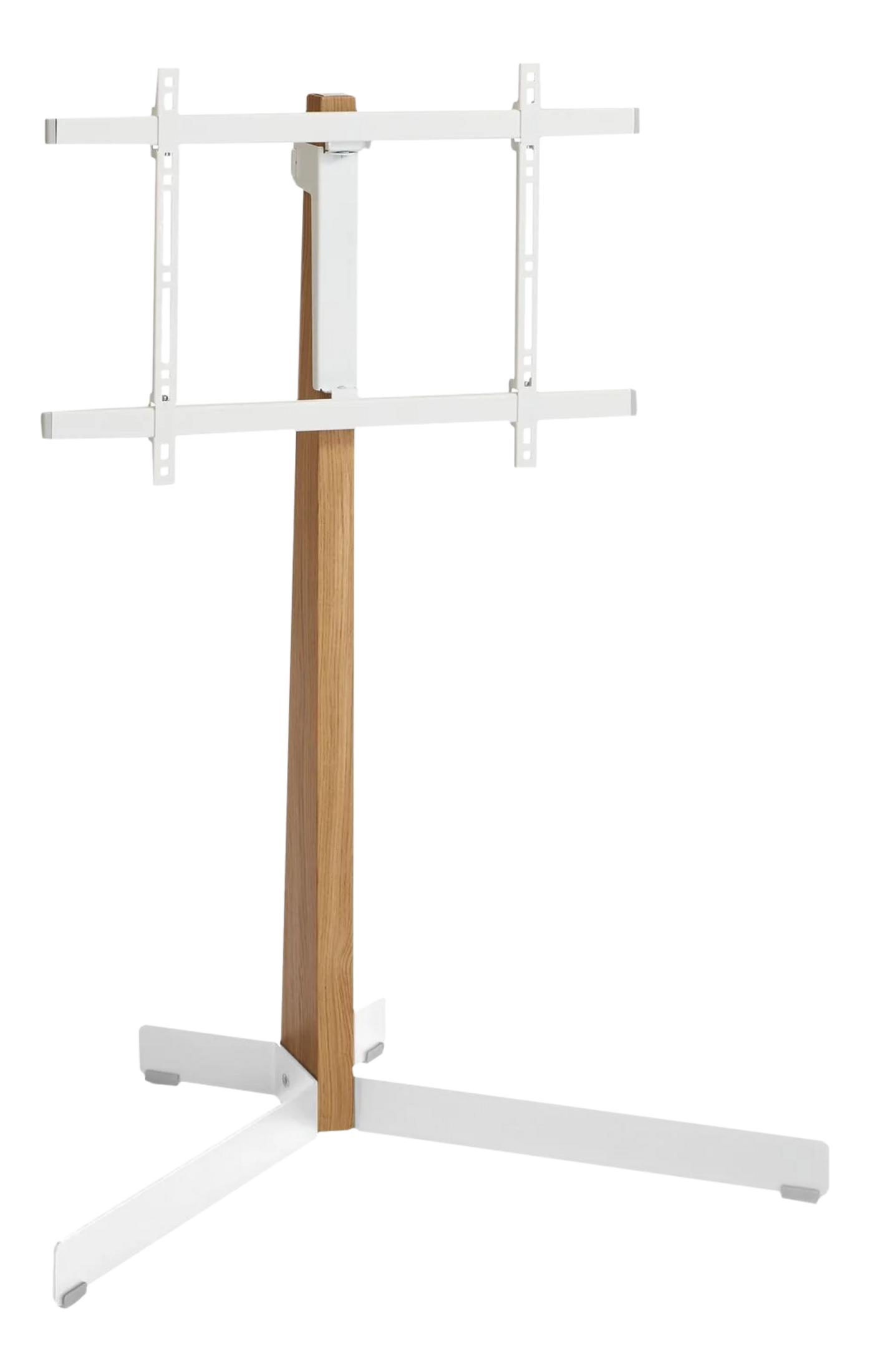 Nowoczesny stojak pod TV z drewnianym słupkiem i białymi metalowymi ramionami.