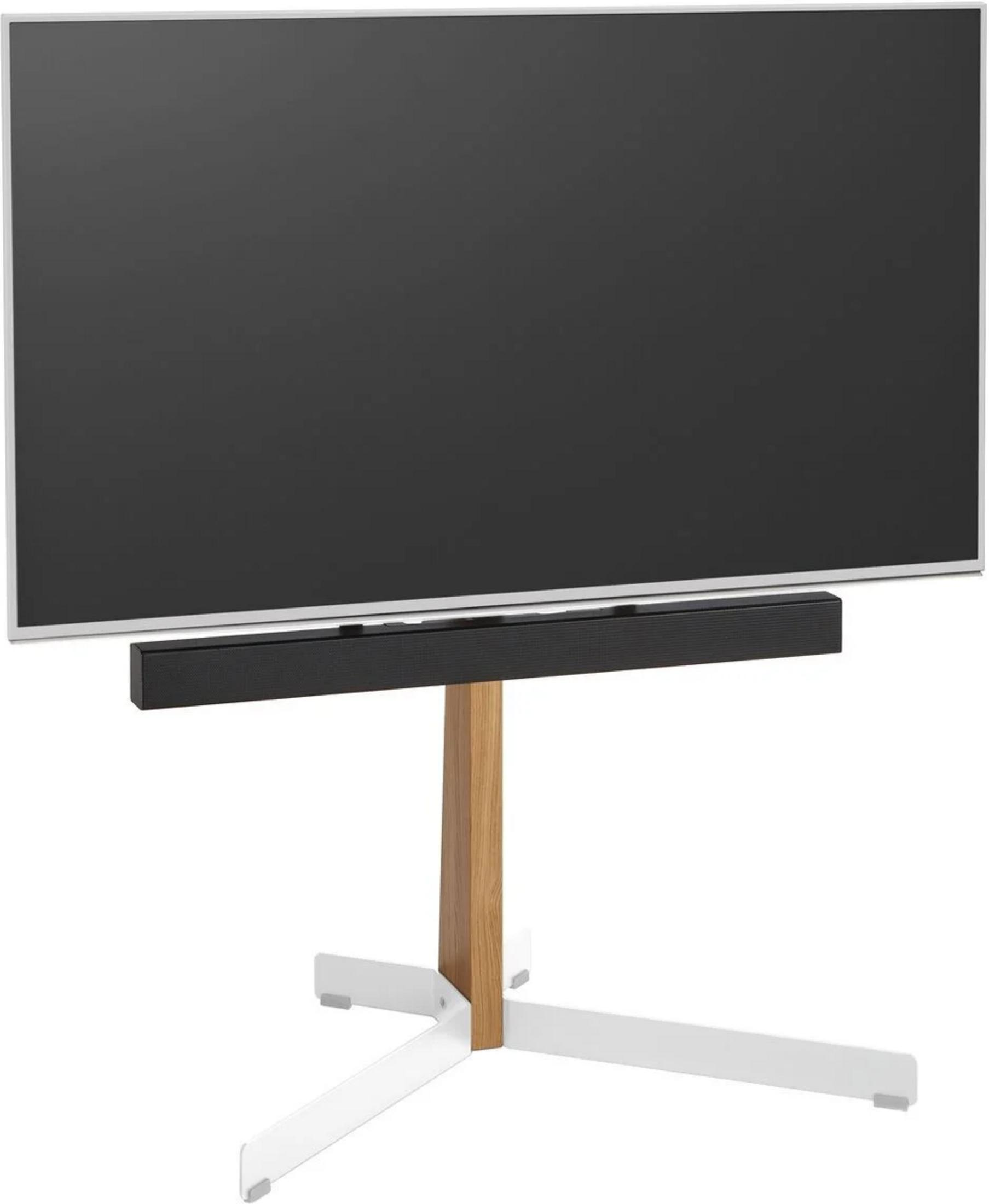 Nowoczesny telewizor na drewnianym stojaku z białym metalowym pod.