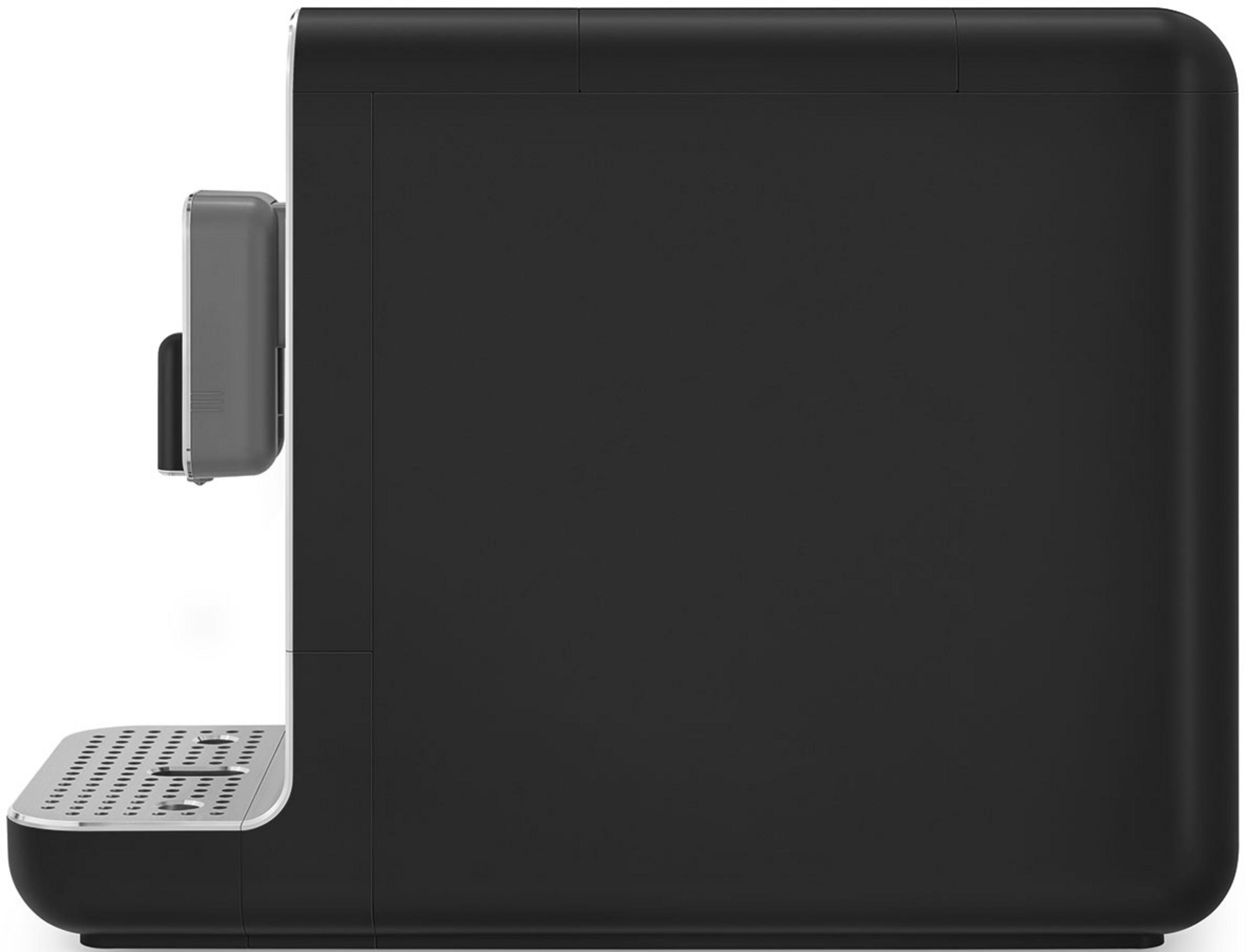 Czarna maszyna do kawy z srebrną tacką ociekową i szarą jednostką.