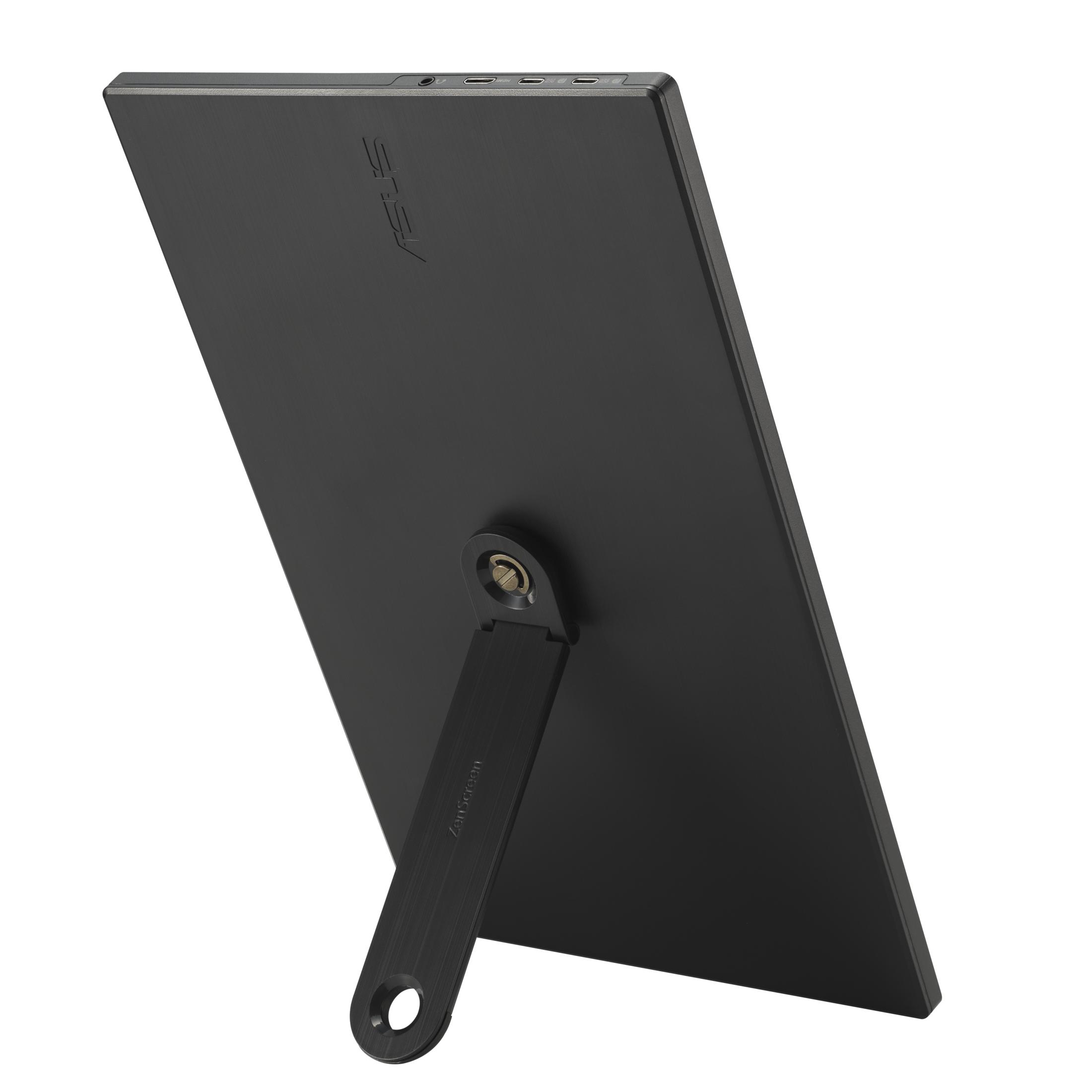 Czarny monitor ASUS ZenScreen ze składanym stojakiem. Porty widoczne na górze.