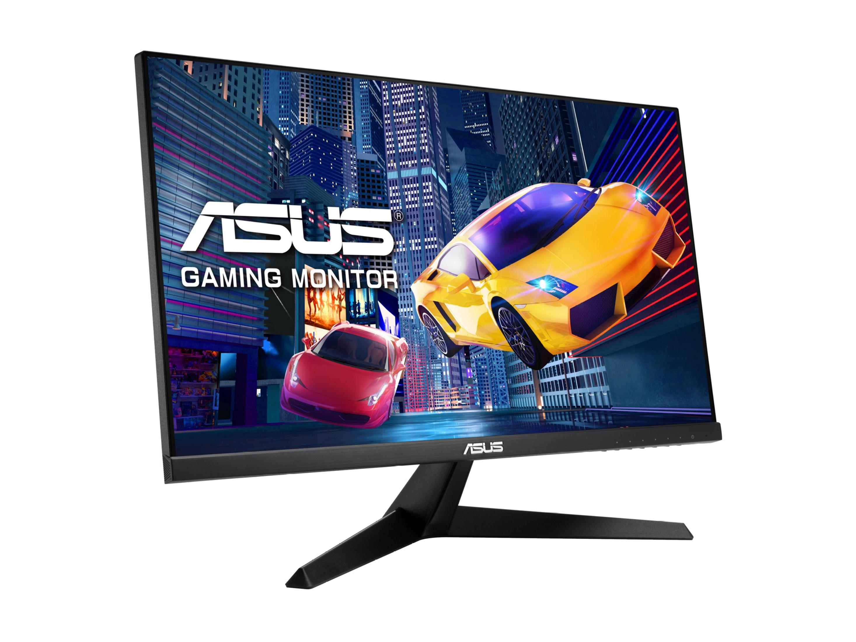 An ASUS gaming monitor displays two race cars, red and yellow, against a city skyline.
